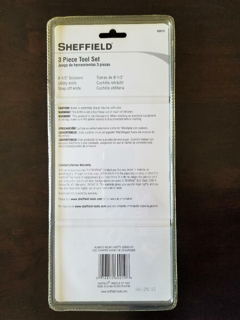 Sheffield 60019 3-Piece Tool Set, Scissors, Utility knife and Snap off knife New