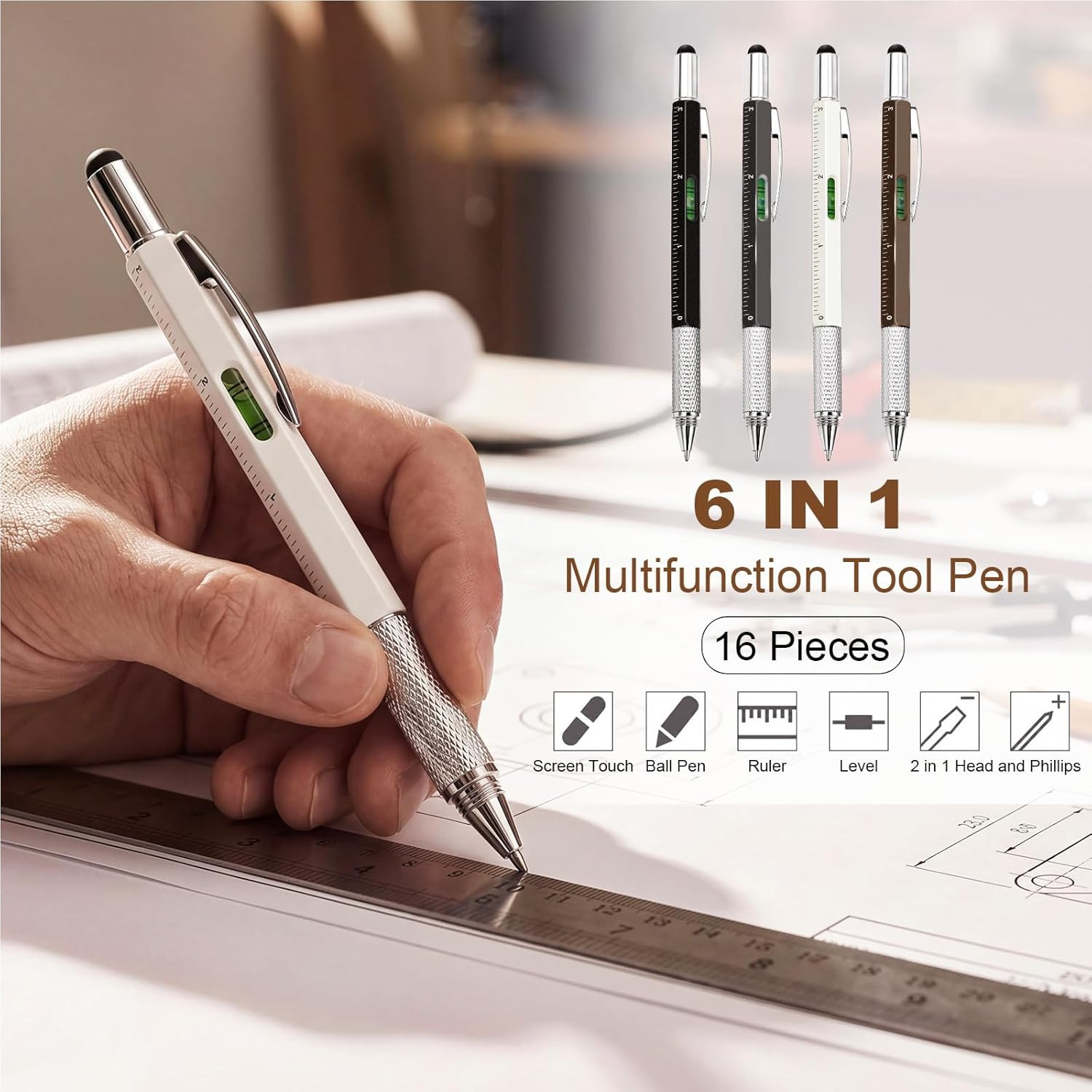 4 Pcs 6 in 1 Multitool Pen Gift for Men Multi Tool Pen with Ruler Level Screwdri