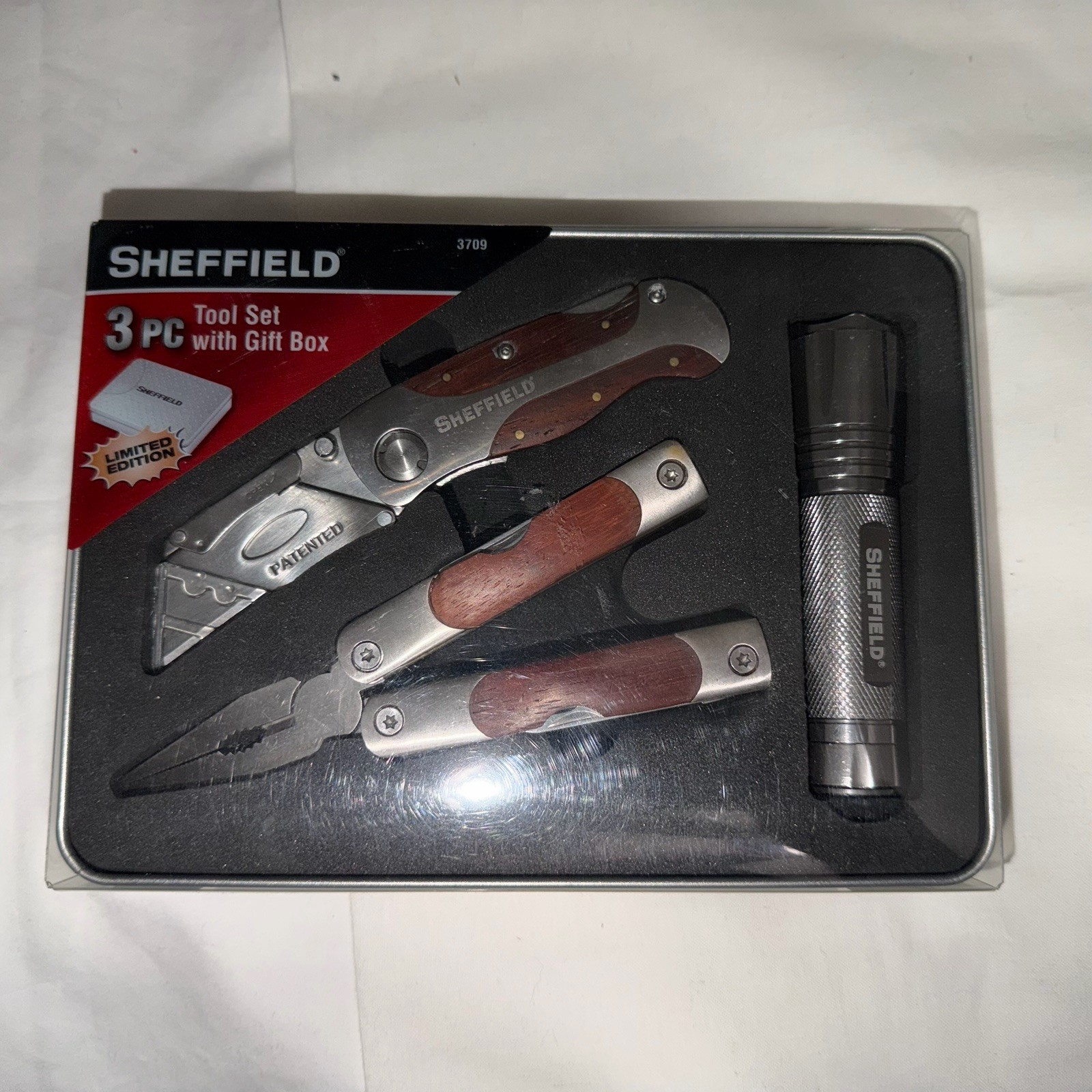 NEW Sheffield 3 Pc Tool Set With Tin Box Multi Tool Utility Knife Flashlight NIB