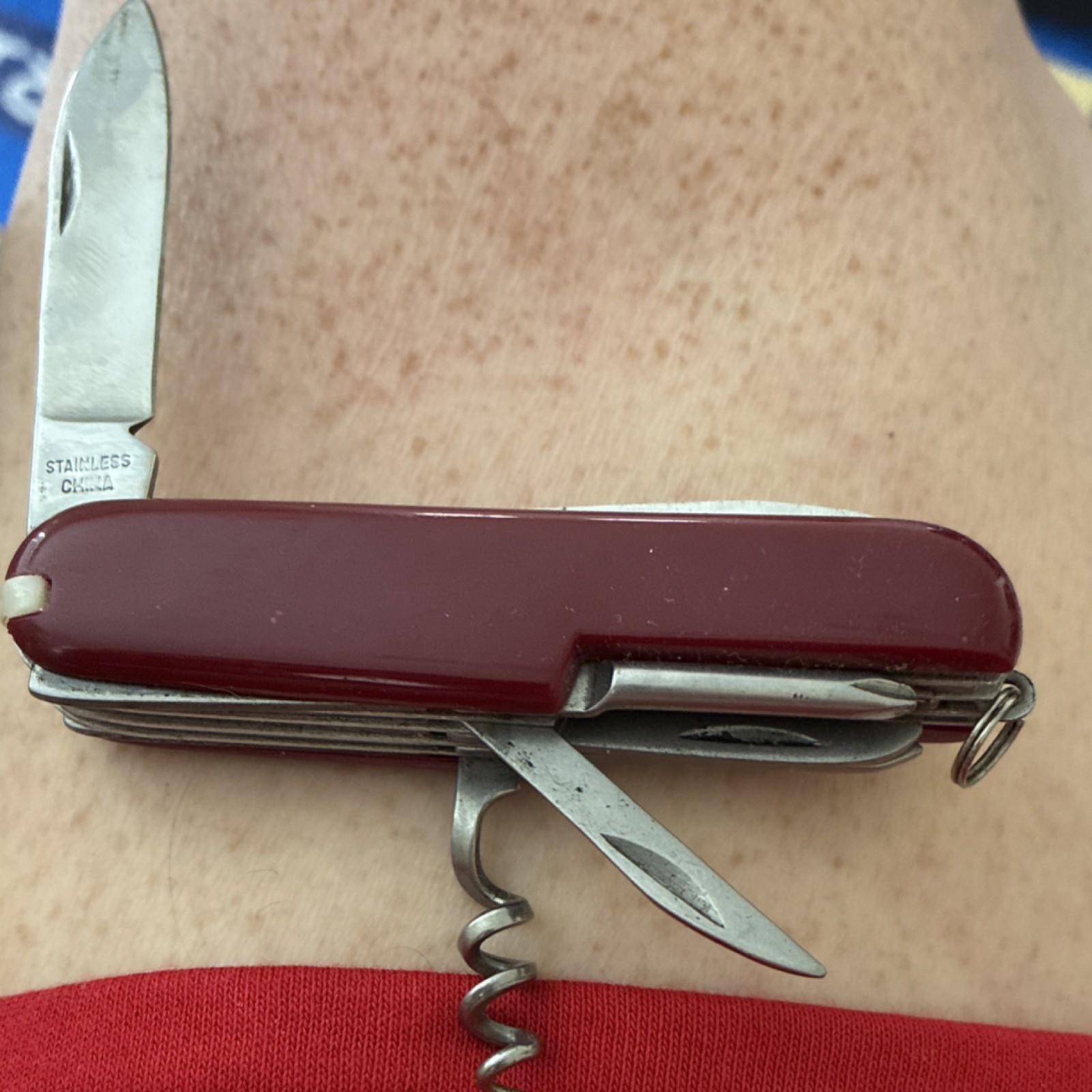 Red 5-Tool Multi-Tool Pocket Knife 1.5in SS Blade Corkscrew Can Opener