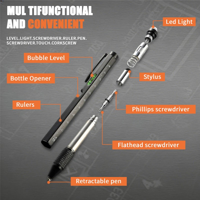 9 in 1 Multifunction Ballpoint Pen with Modern Handheld Tool Measure Technical