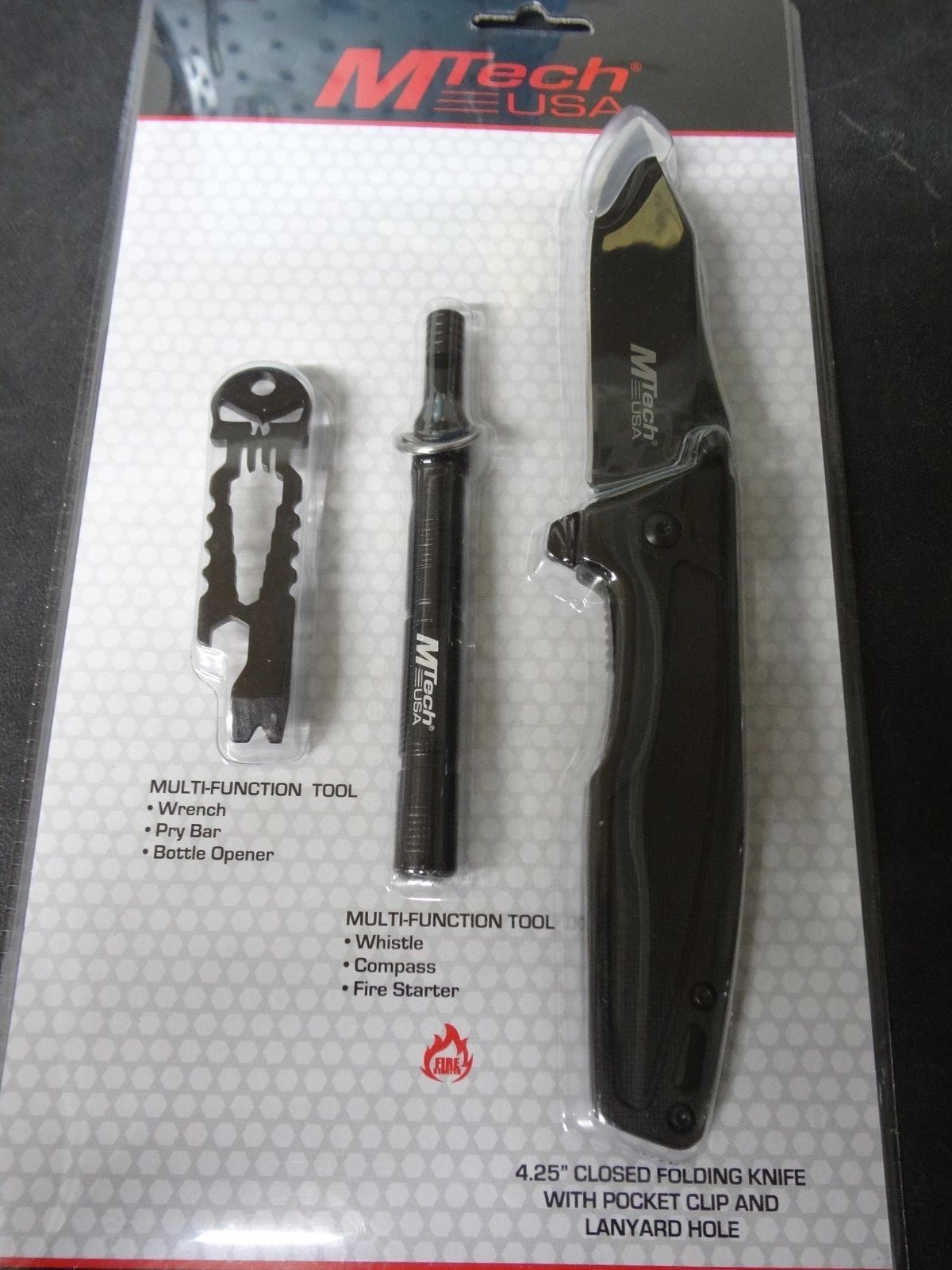 MTECH Multi Tool Kit Fire Starter 3″ Pocket Knife Whistle Survival Stocking