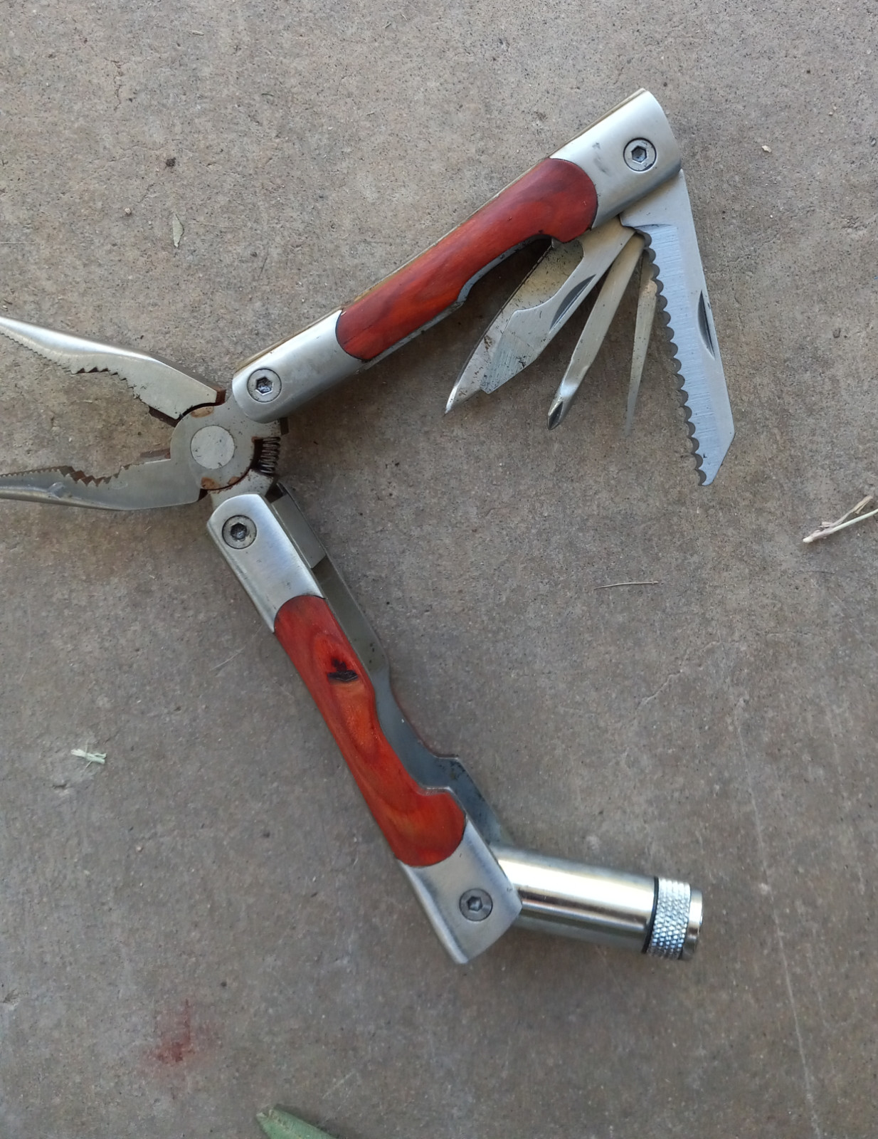 Vintage Stainless-Steel Multi-Tool with Wood Handles & Nylon Pouch
