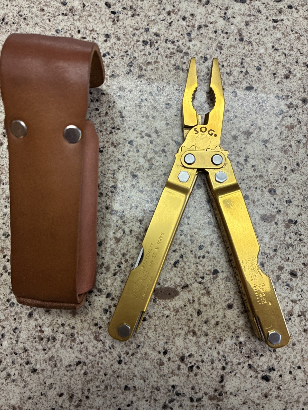 VINTAGE ORIGINAL SOG Power Plier Multi-Tool TiNi Gold w/ Leather Sheath NIB