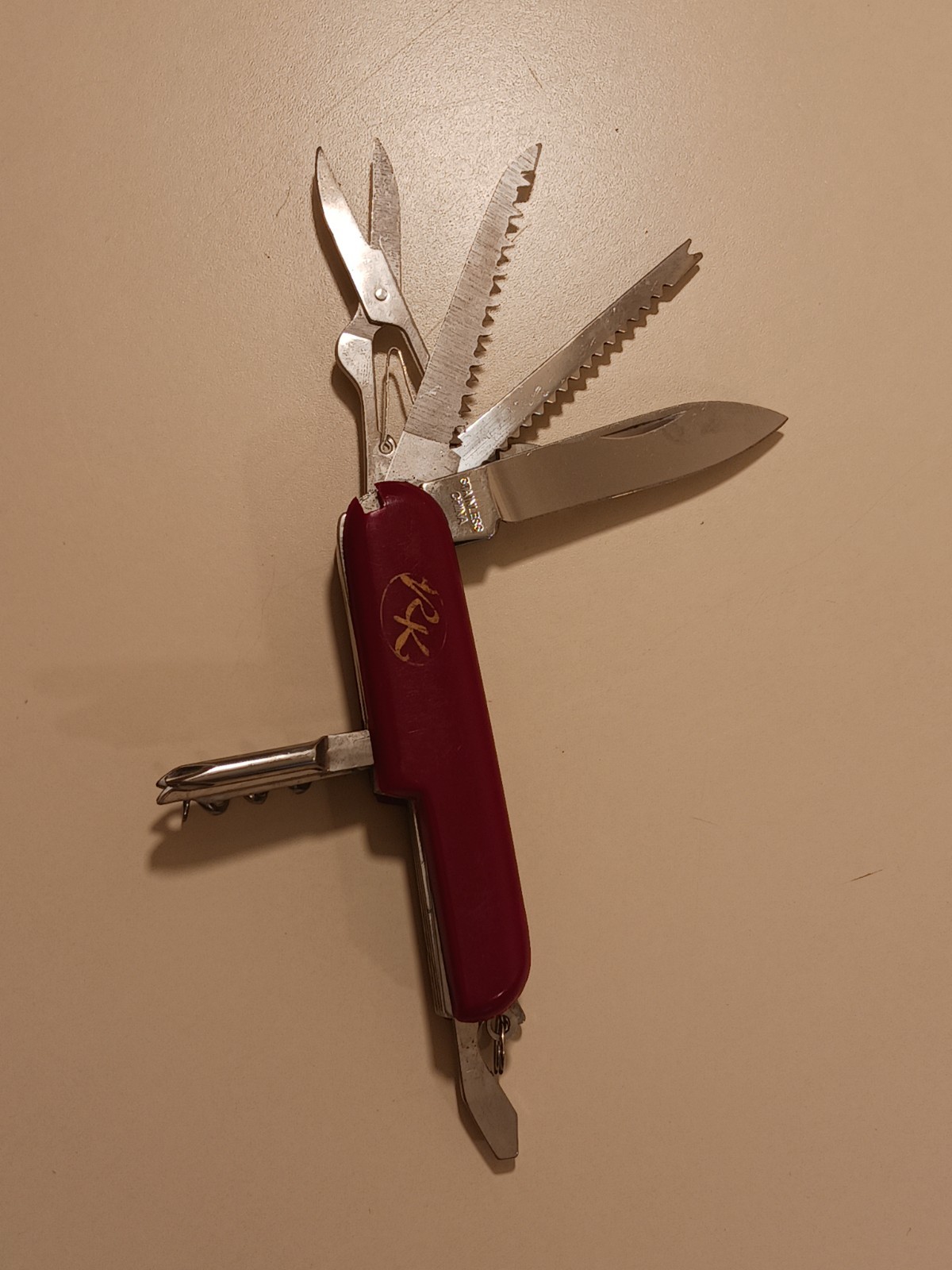 RK Logo Pocket Knife Multi-tool Stainless Steel Red Handle Camping Utility EDC