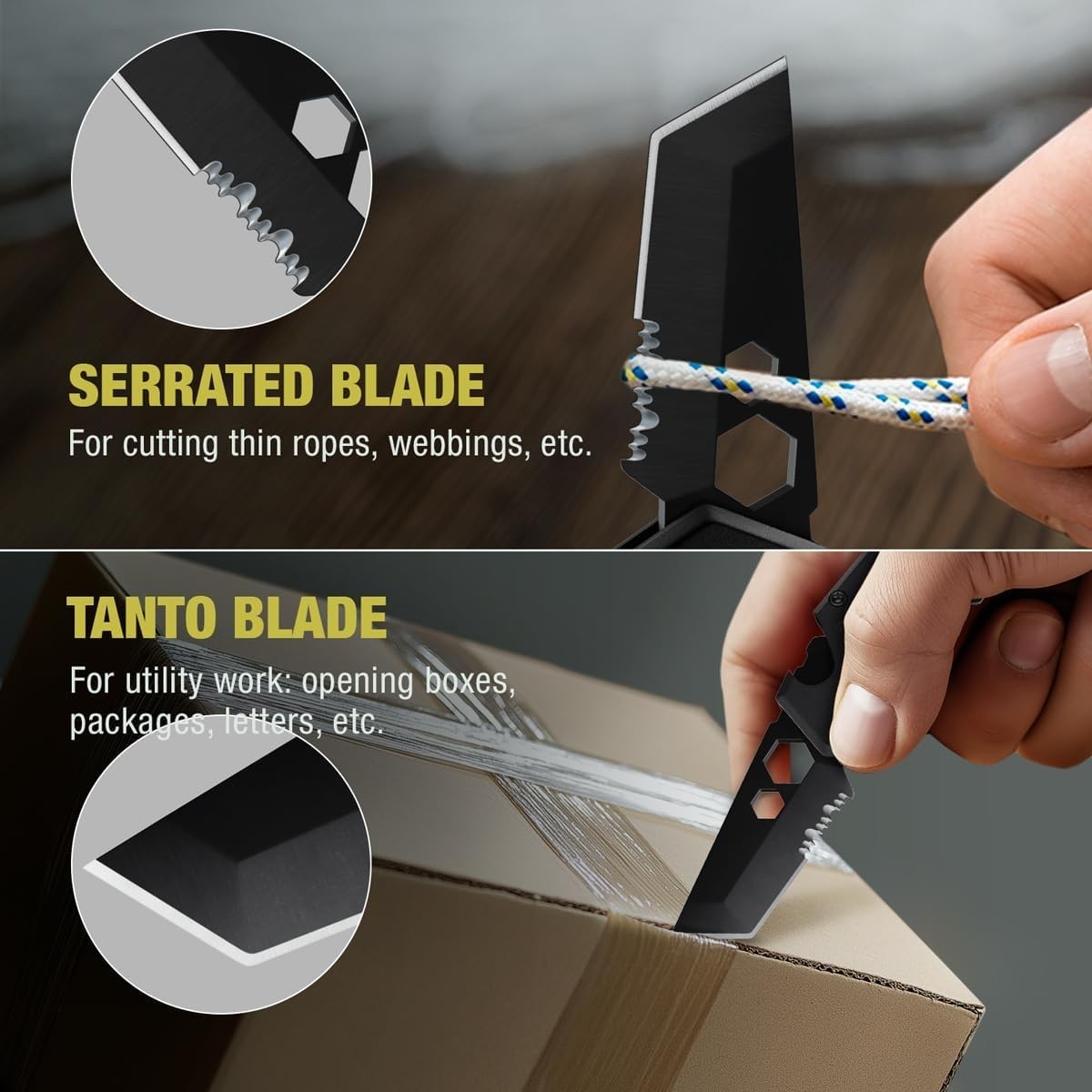 Mini Keychain Knife with Carabiner – 1.3″ Tanto Serrated Blade – 6 in 1 Black