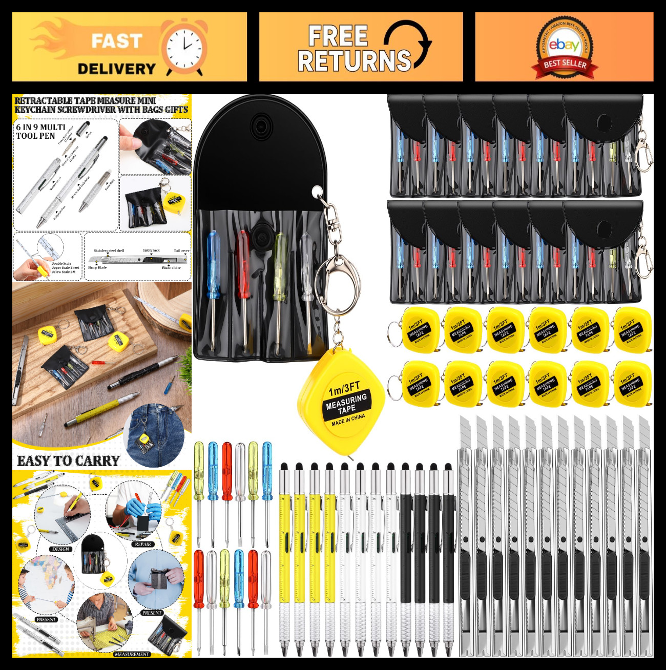 48 Pcs Mini Screwdriver Keychain Tape Measure Multitool Pen Box Cutter Set – Gif
