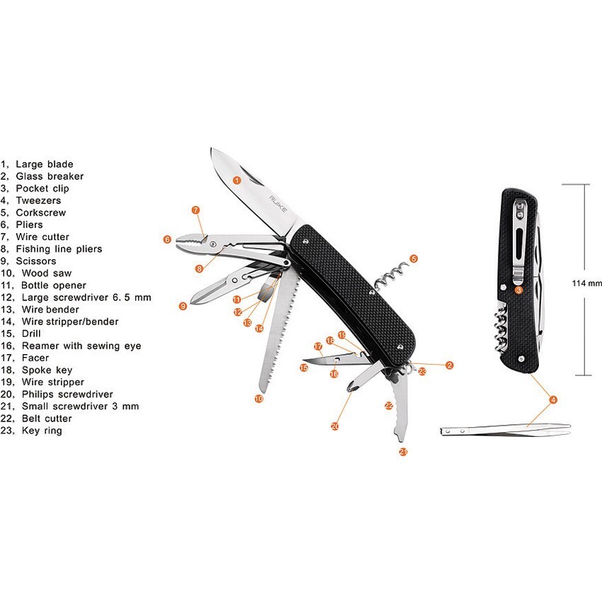 RUIKE LD51 Multifunction Multitool Knife 4.5″ Pliers Cutters Black G10 LD51B