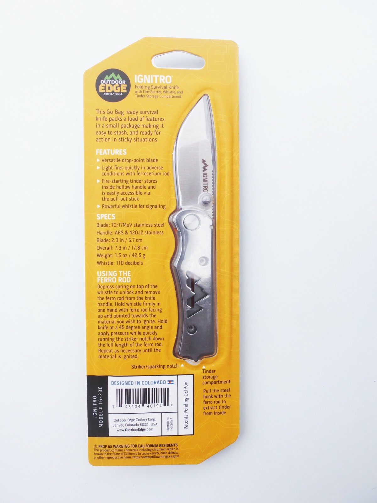 Outdoor Edge IGNITRO Folding Knife Multi Tools With Whistle Fire Starting
