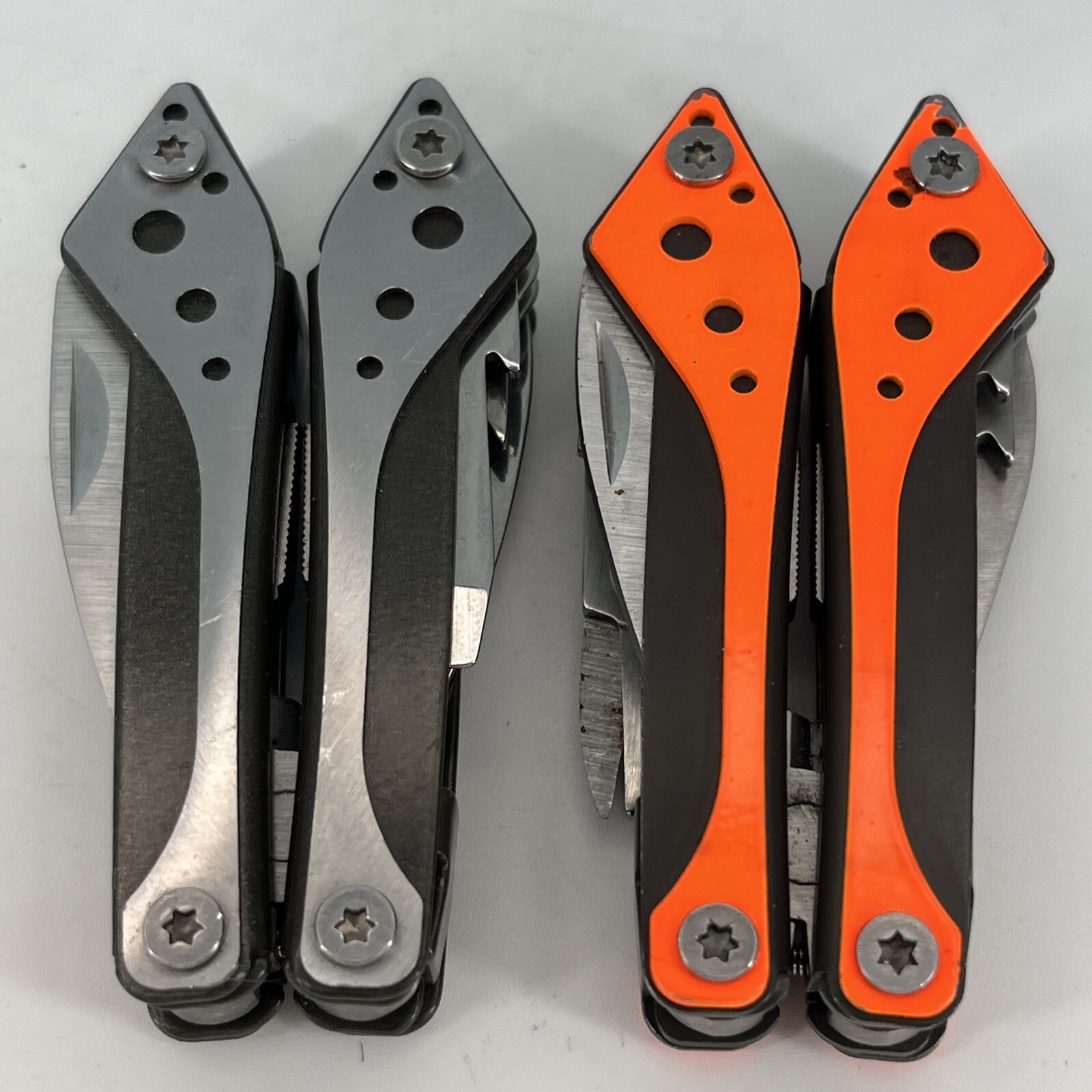 LOT OF 2 Cabela’s SILVER & ORANGE Mini MultiTool Spring Open Pliers Scissors Saw