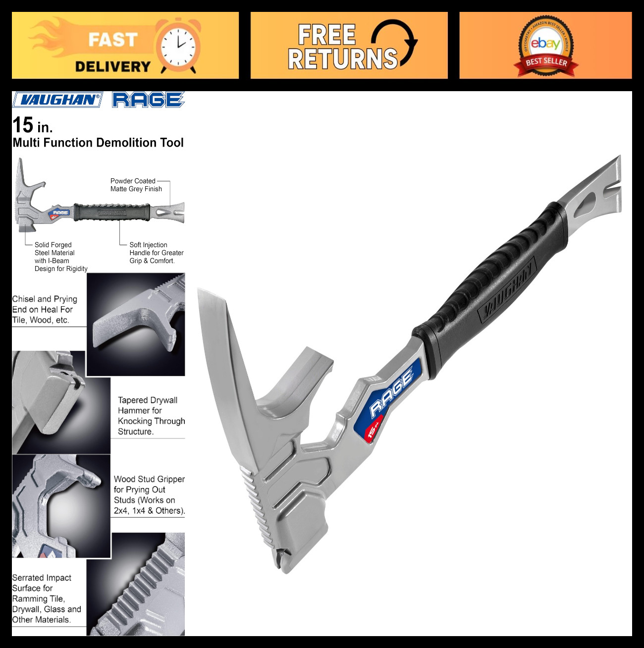 15″ Multi-Function Demolition Tool – Heavy Duty Hammer & Nail Puller, DIY Hand T