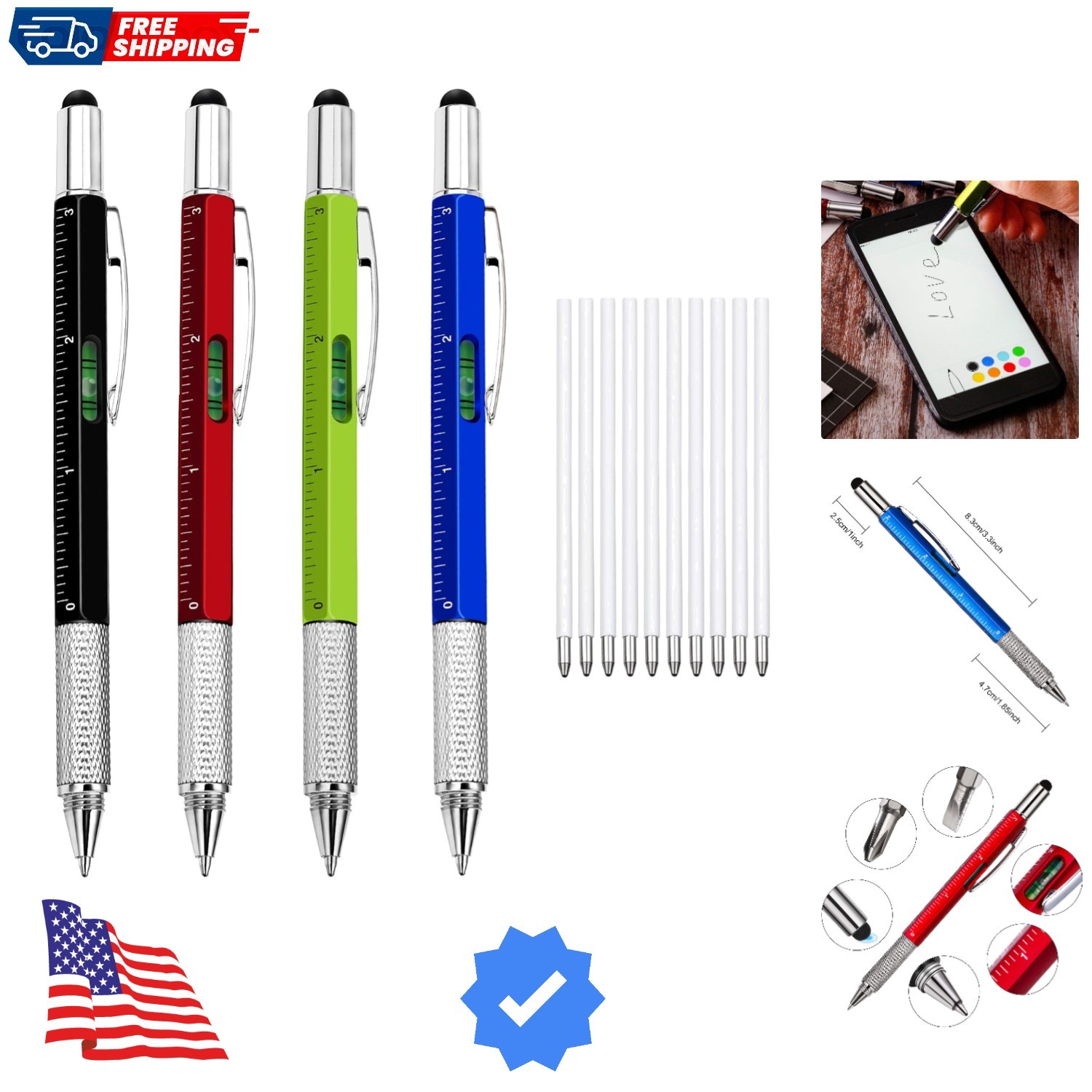 4 Pcs Multitool Pens 6 in 1 Multi-tool Pen Set with Refills for Men’s Birthda…