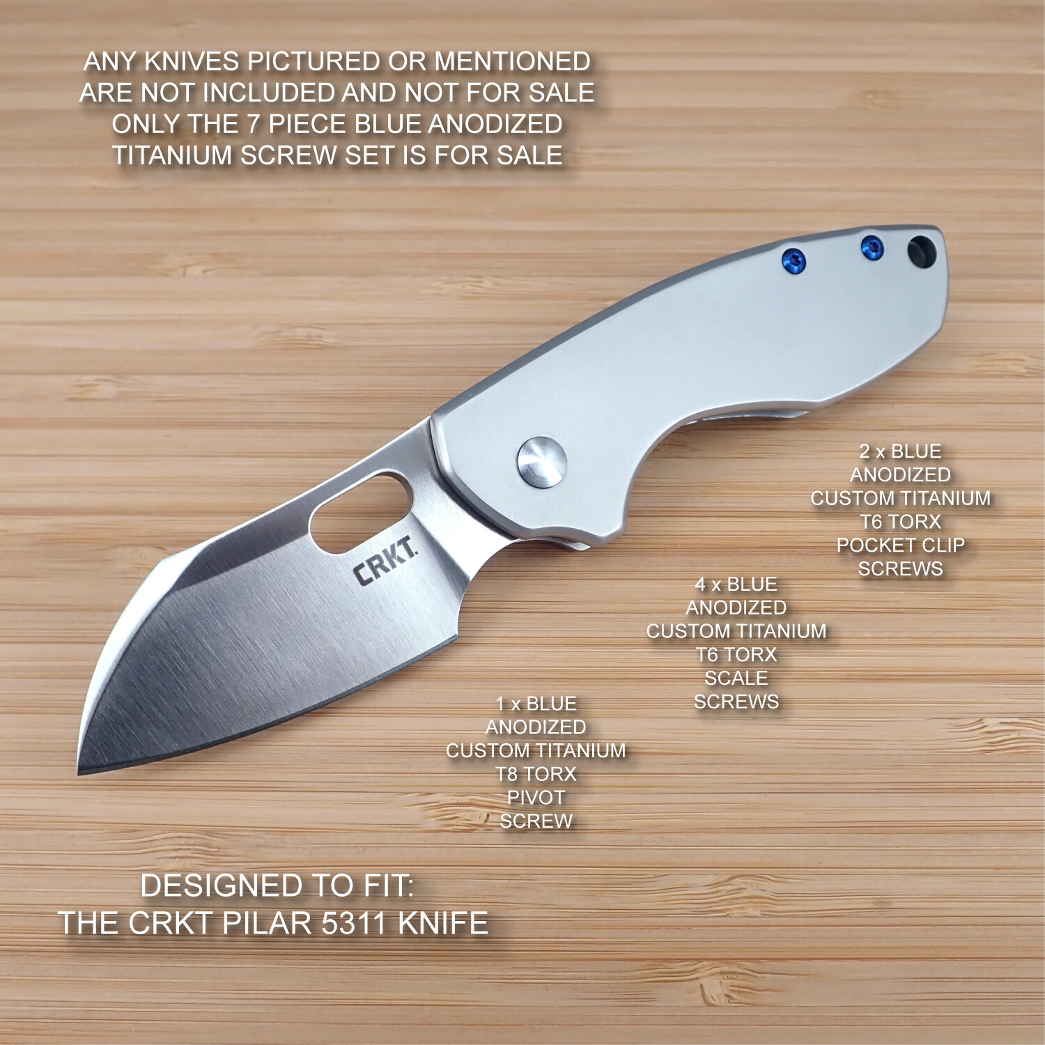 CRKT 5311 Pilar 7pc Custom Anodized BLUE Titanium Torx Screw Set – (no knife)