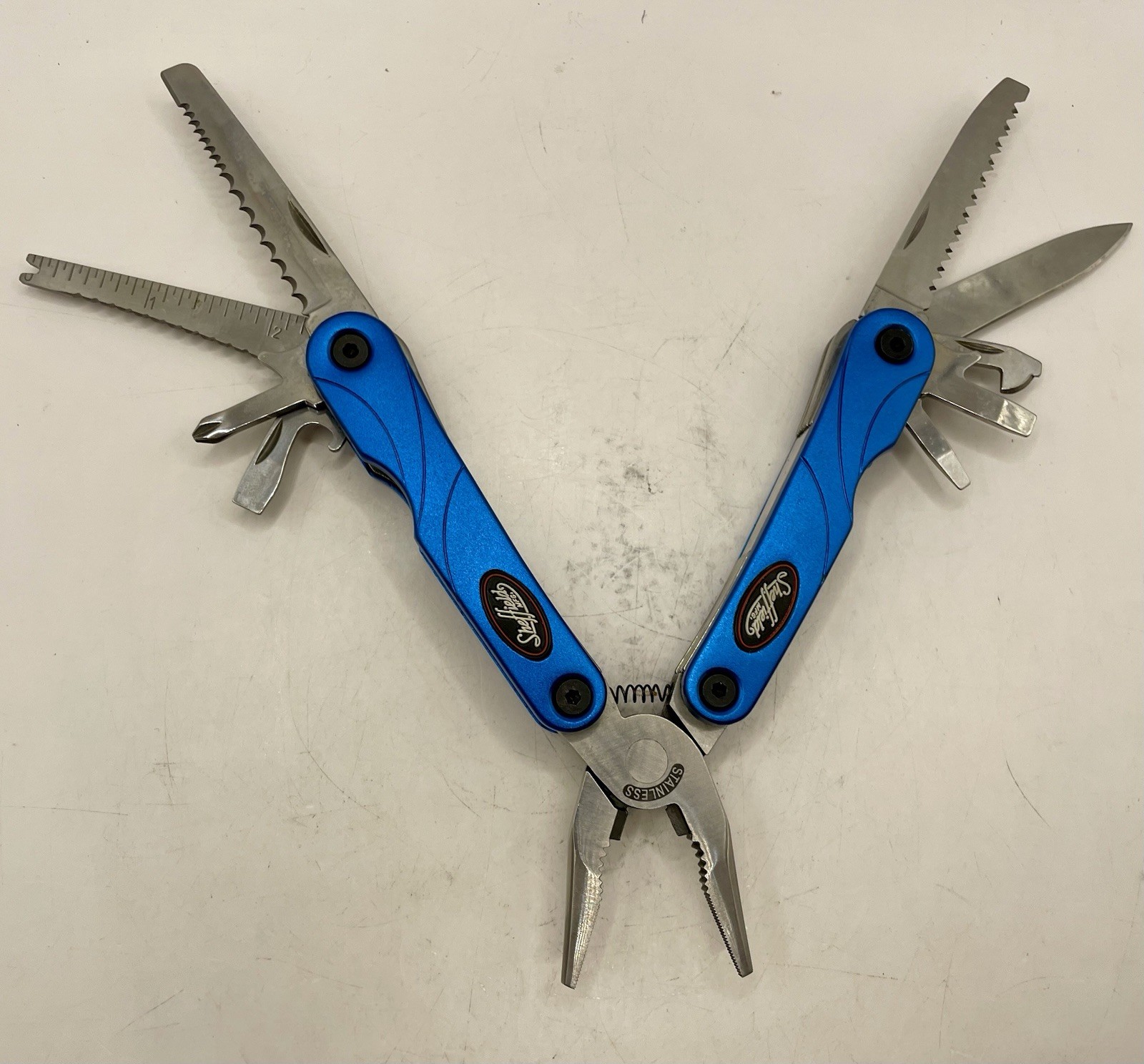 SHEFFIELD Stainless Steel Compact Multi-Tool 10 Tool w Nylon Case Turquoise NICE
