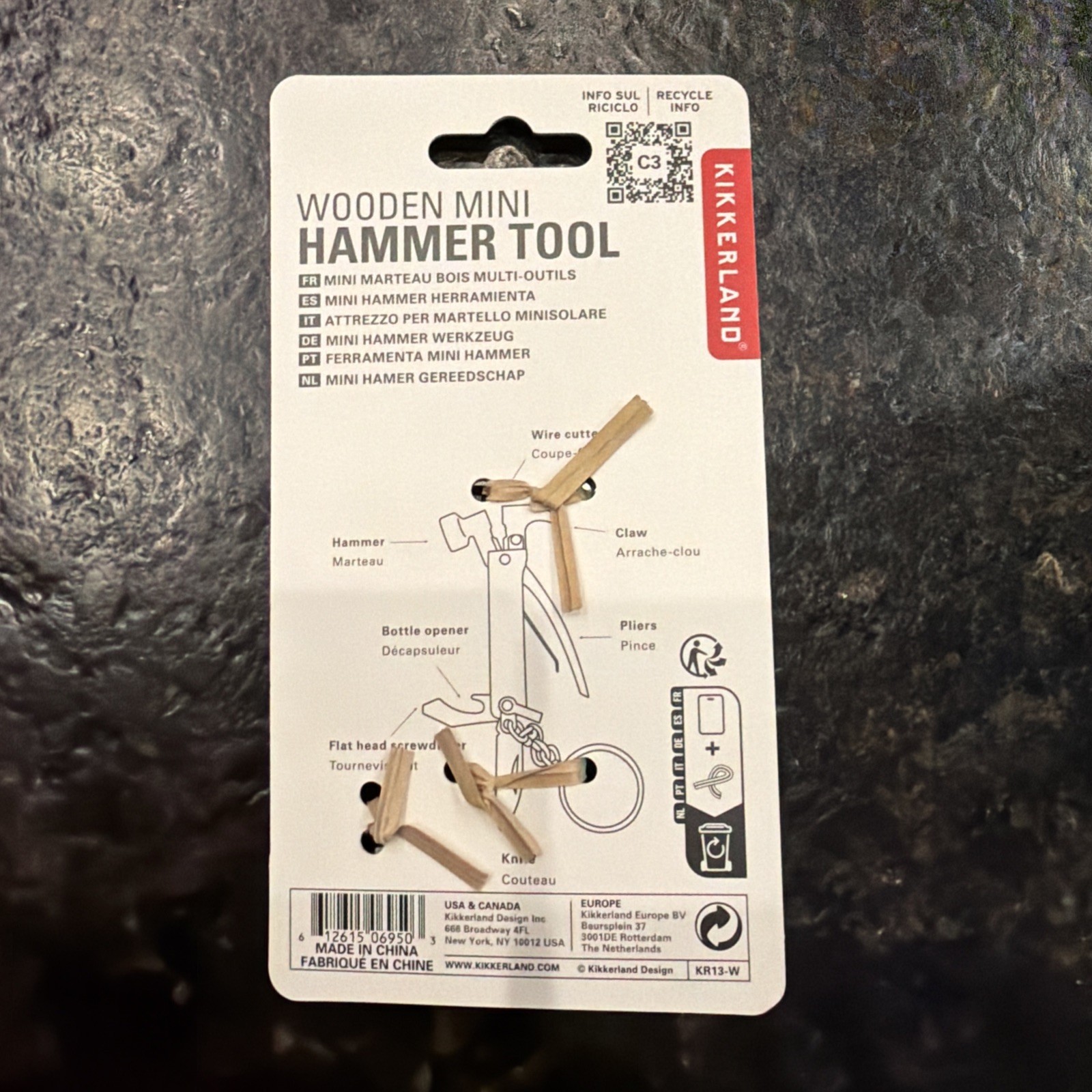 Kikkerland KR13-W Mini Wooden Hammer Tool Keyring 7 in 1 Bottle Opener Knife