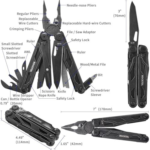 29-in-1 Heavy-Duty Multitool Pliers with VG-10 Blade, Replaceable Wire Cutters &