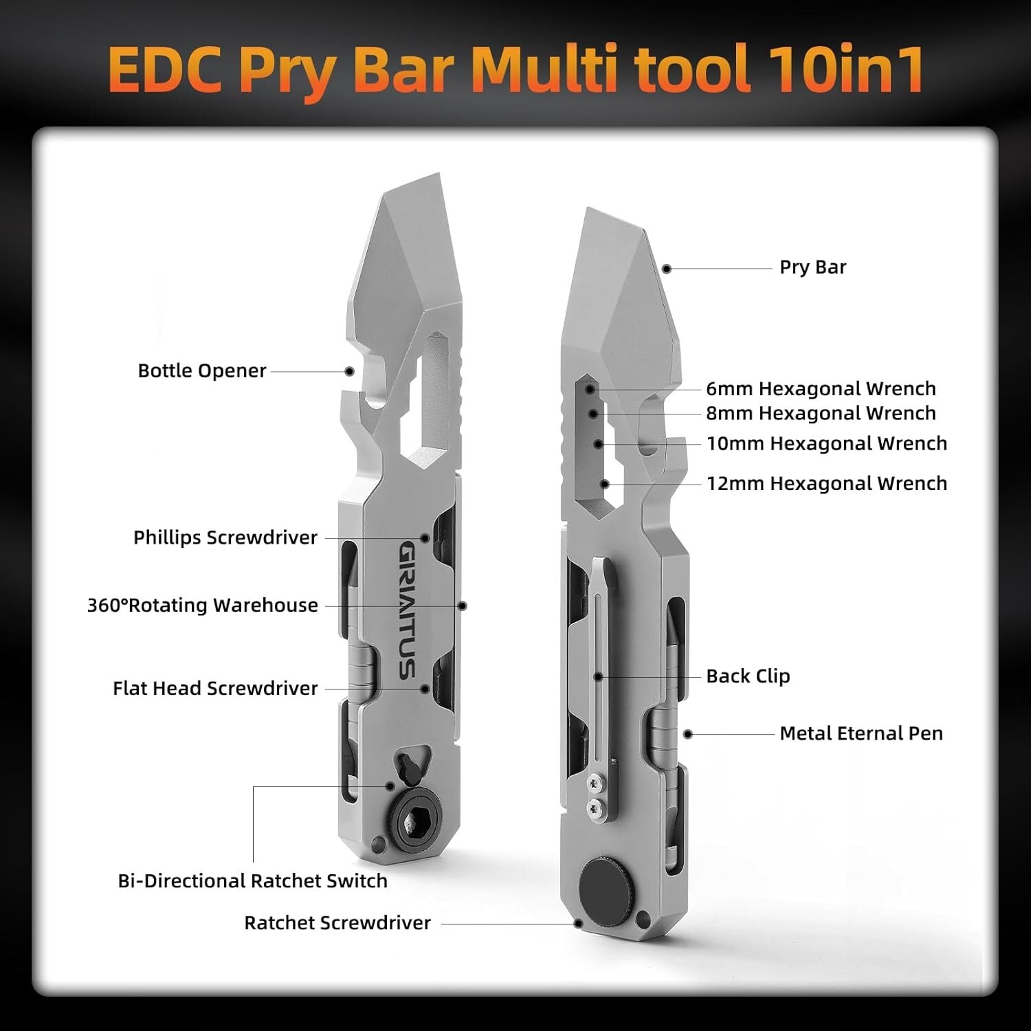 EDC Stainless Steel Pry Bar Multitool with Ratchet Screwdriver & Pen – Grey