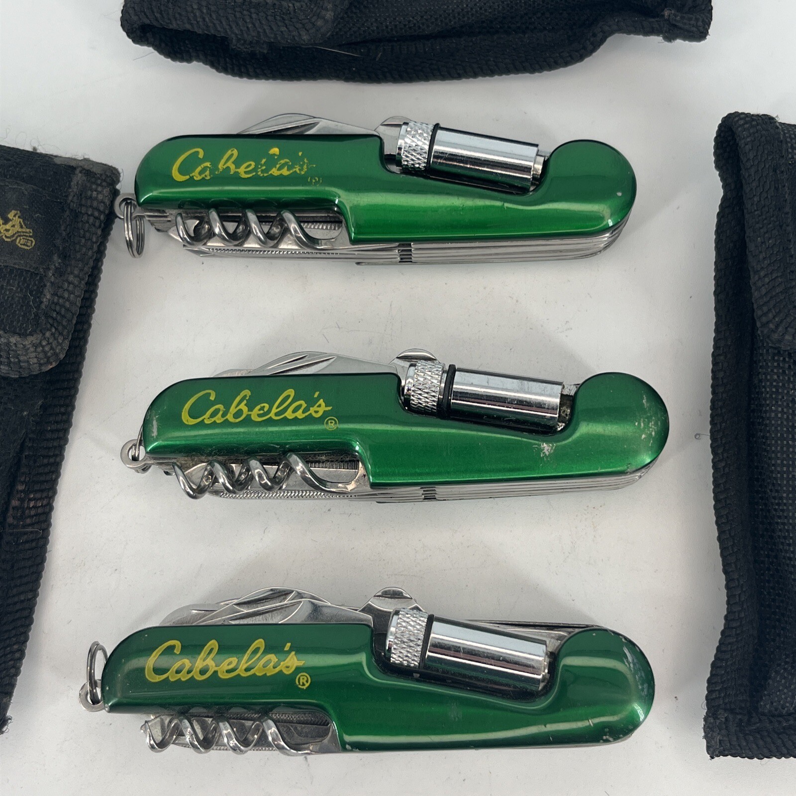 LOT OF 3 Cabella’s Green Multi Tool 8-in-1 Pocket Knife – SAVE BIG! W NYLON CASE