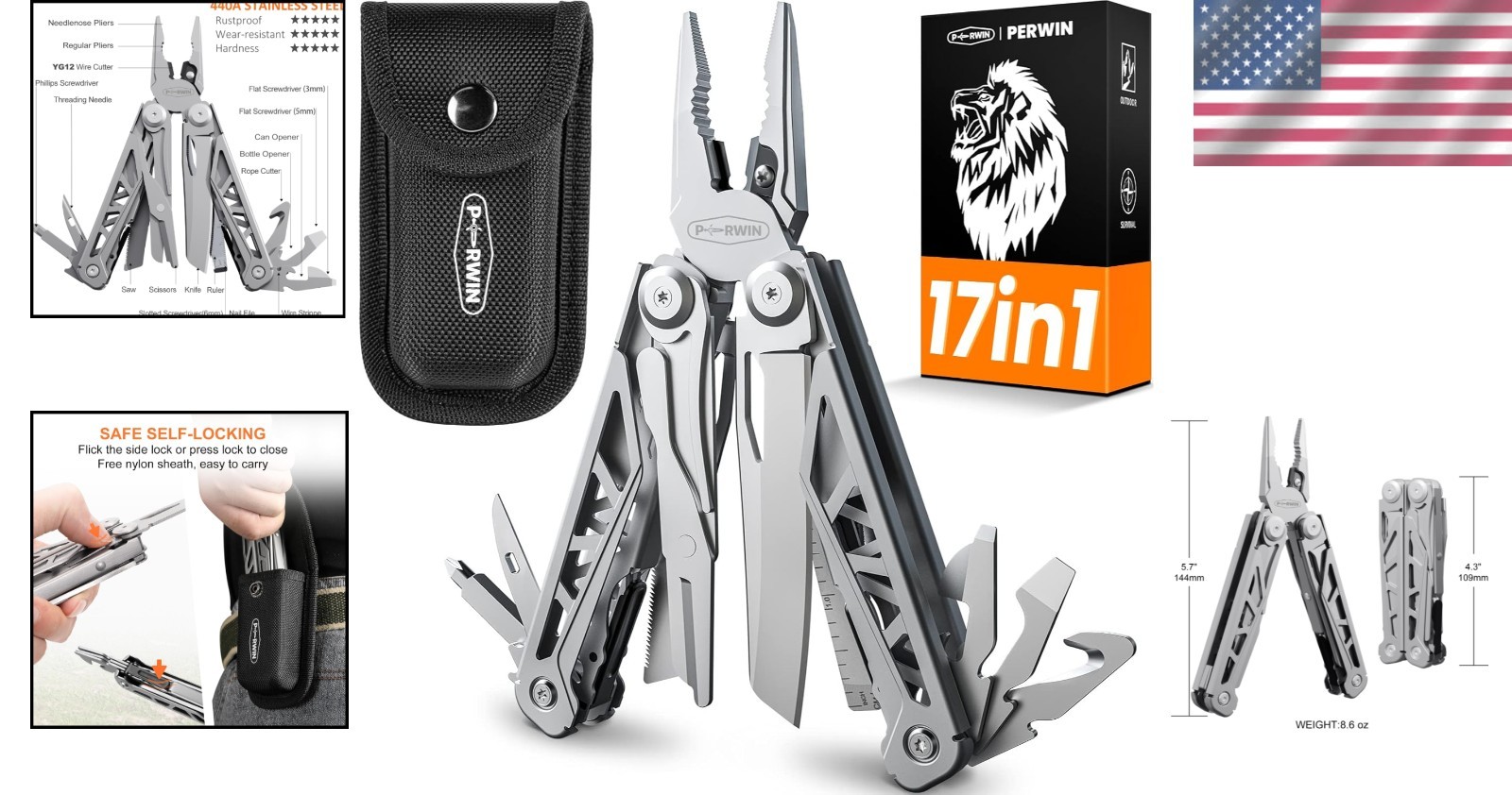 Compact 17-in-1 Stainless Steel Multitool with Safety Lock for Outdoor Use