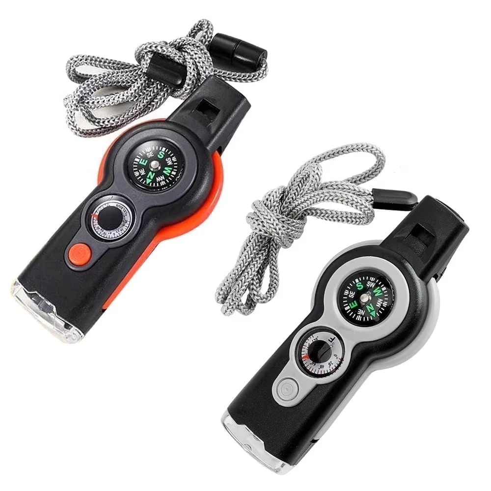2pc 7 in 1 Emergency Survival Camping Hiking Whistle Compass Thermometer LED