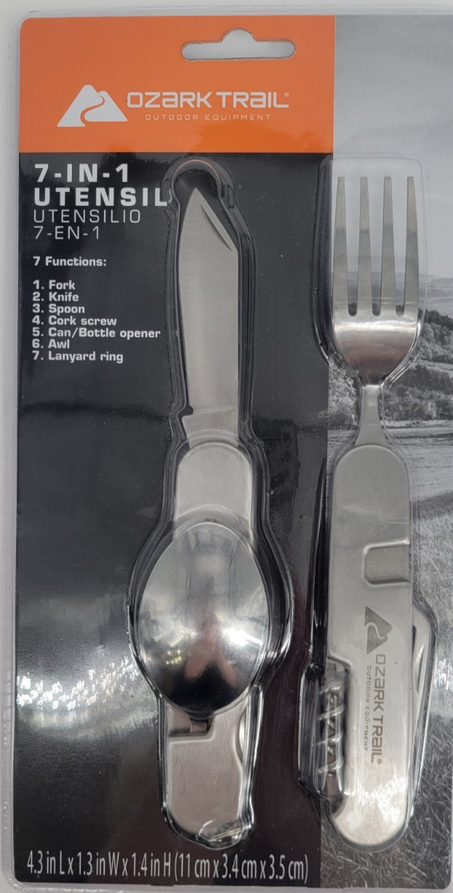 OZARK TRAIL 7 In 1 Utensil Spoon Fork Knife Awl Can/Bottle Opener Cork Screw
