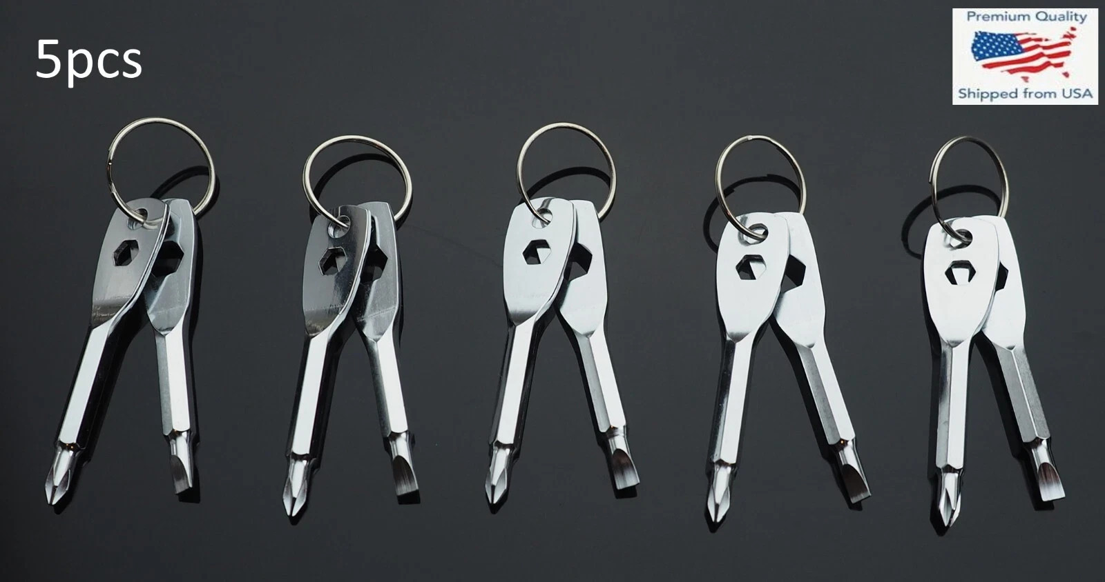 5pcs – Screwdriver Keychain Set EDC Pocket Tool Hex Nut Wrench Key Ring – Silver