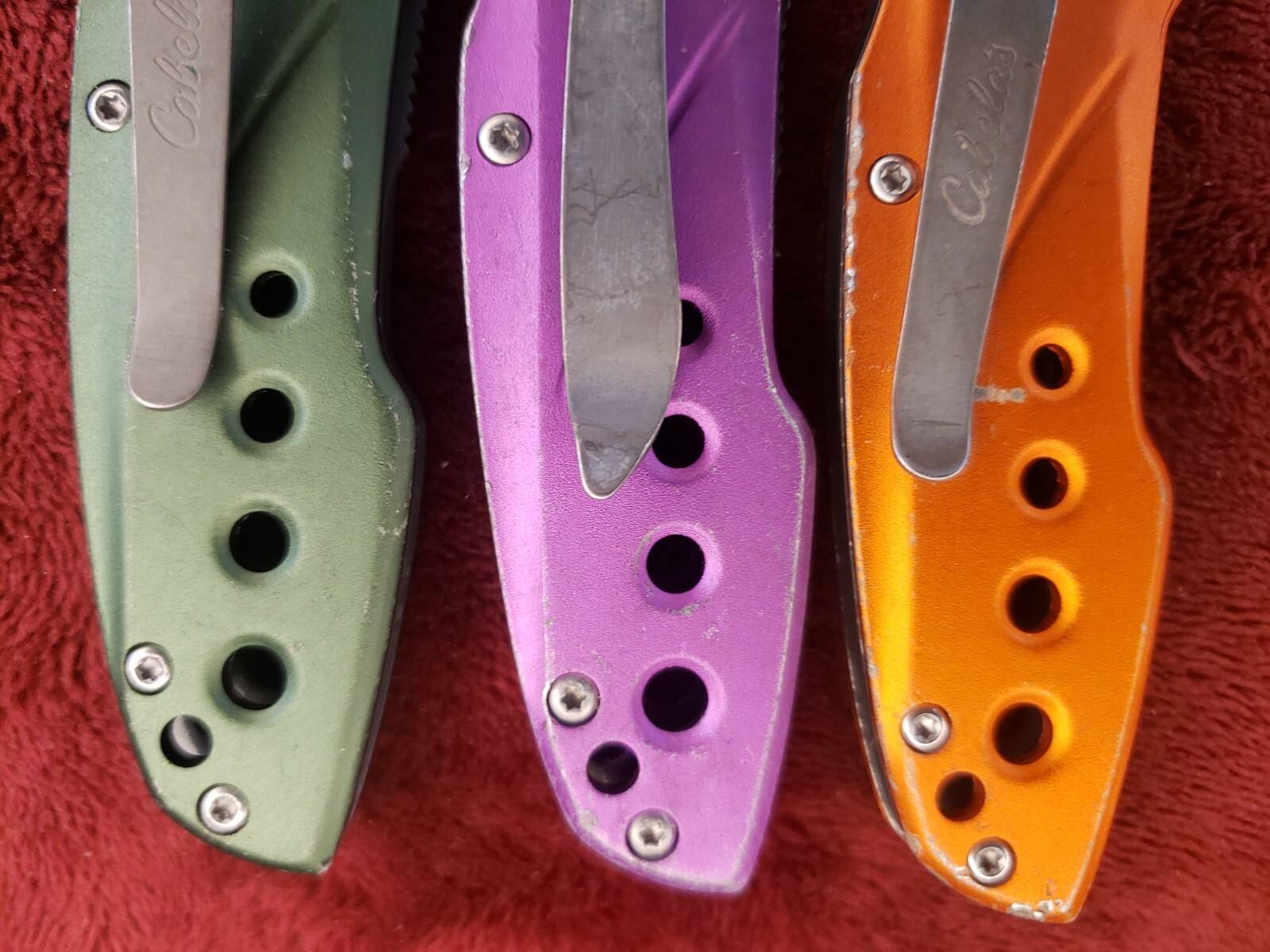 Lot 3 Cabela’s Plain Edge Liner Lock Aluminum Scale Folding Green Purple Orange