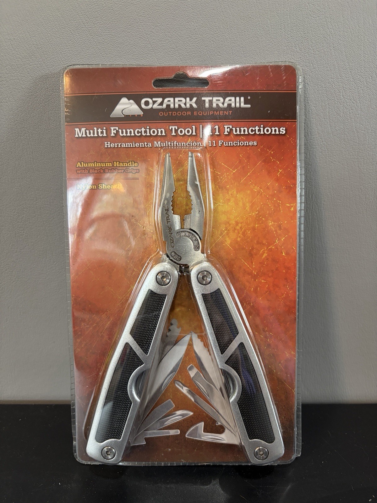 Ozark Trail Multi Function Tool (11) w Belt Sheath, Silver/Black, NEW in Box