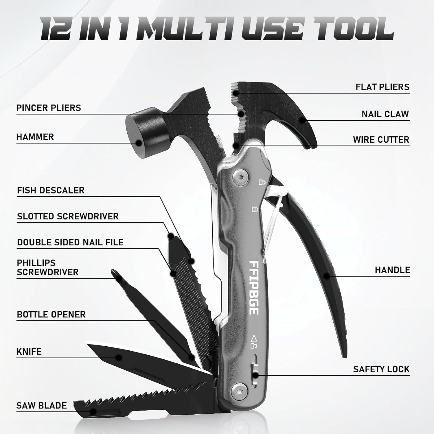 12 in 1 Hammer Multitool, Caming Mulititool with Screwdriver, Safety Lock and Du