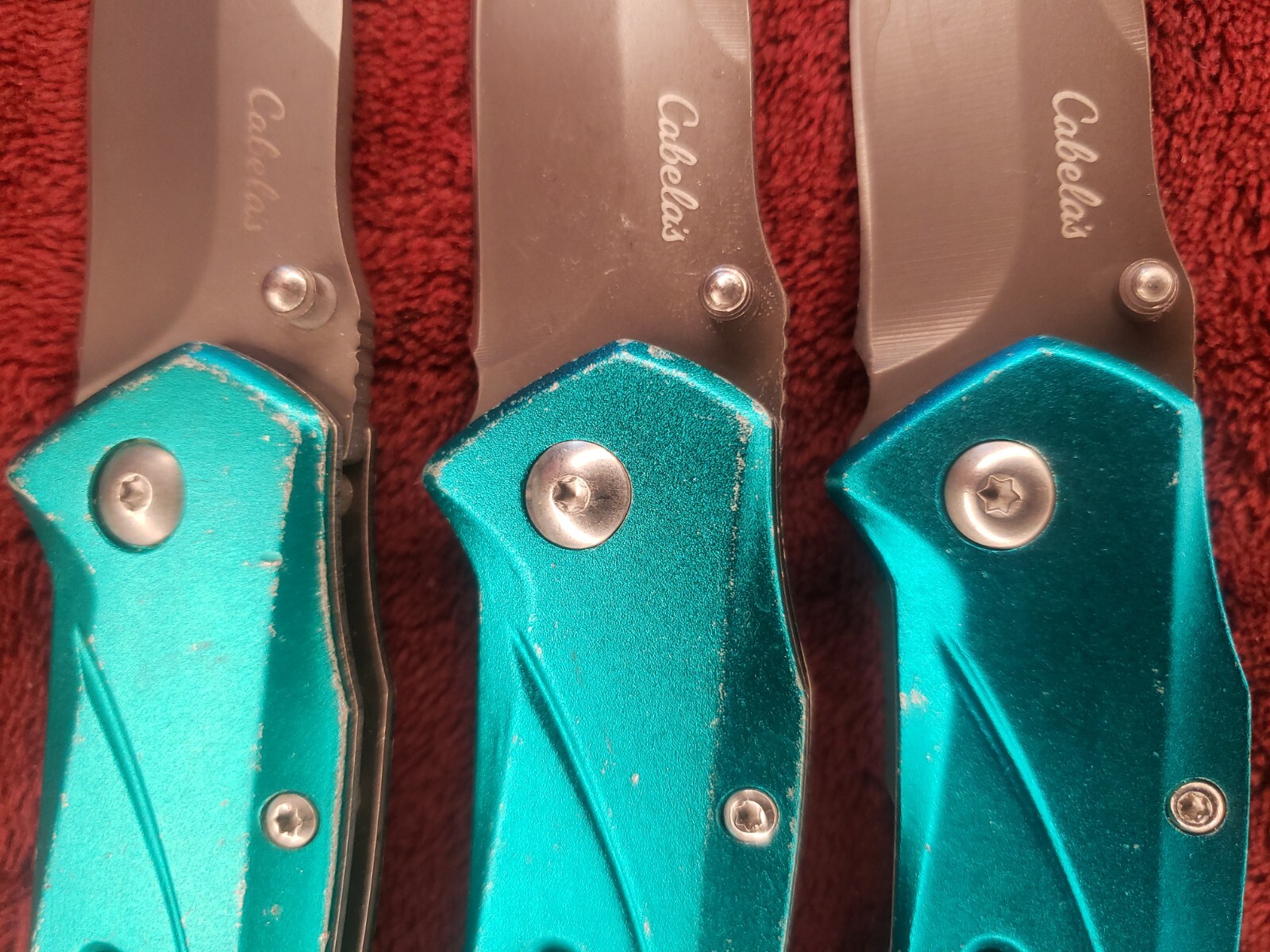 Lot 3 Cabela’s Plain Edge Liner Lock Aluminum Scale Folding Cyan Turquoise color