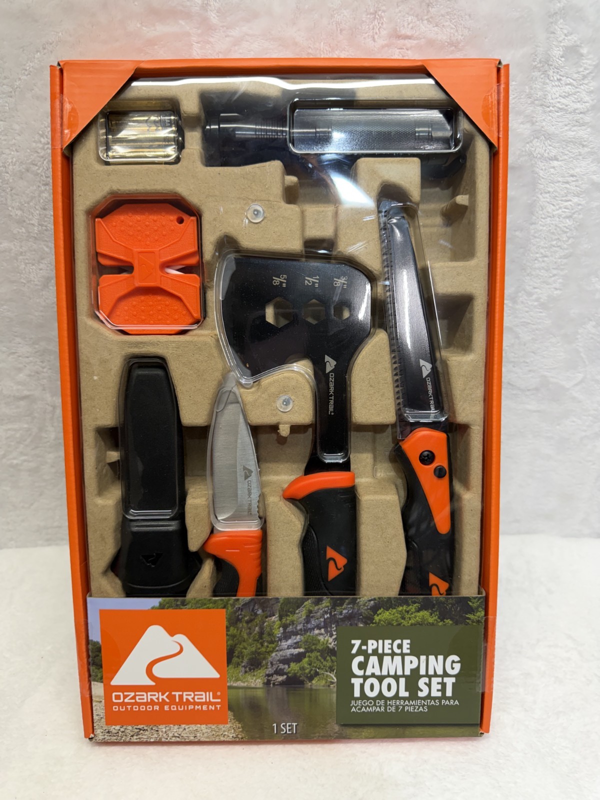 Ozark Trail 7 Piece Camping Tool Set Hatchet Saw Knife Flashlight New