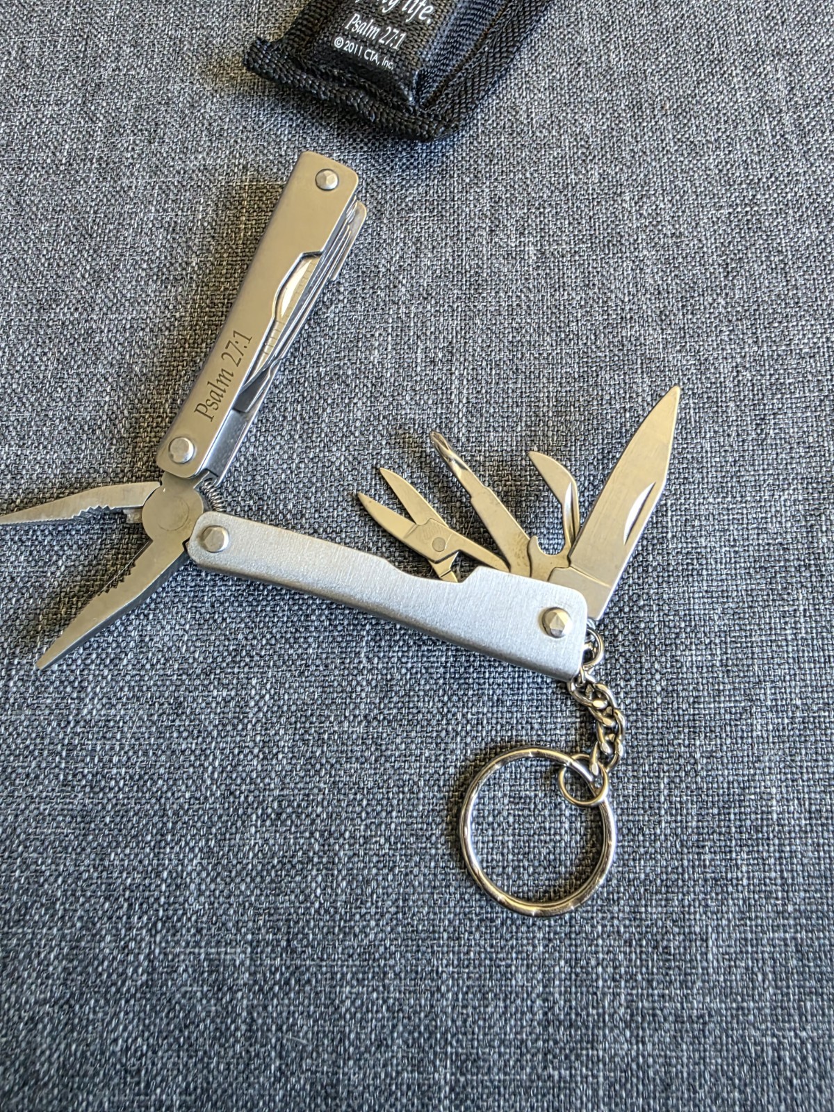 Psalm 27:1 9-in-1 Keychain Multi-Tool Pliers Knife Scissors w/ Sheath