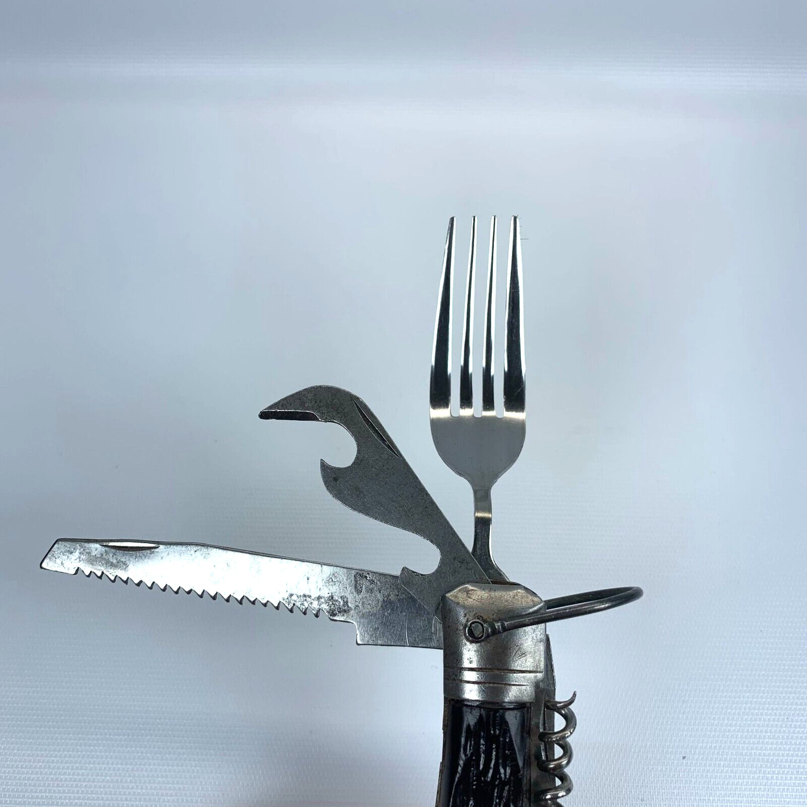 Vintage Pocket Folding Multi Tools Stainless Steel Spoon Fork Cork Screw Knife