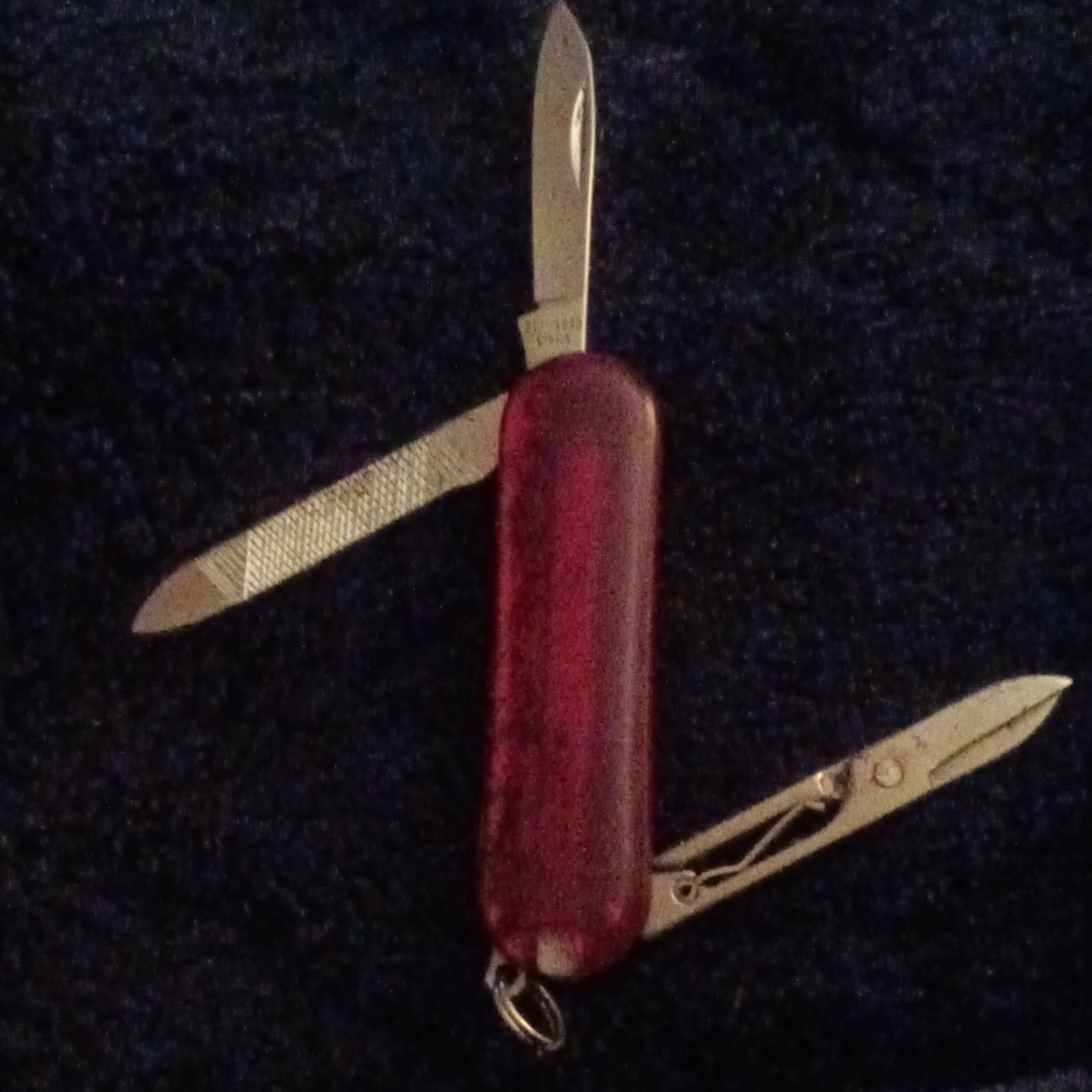 Red Plastic Handle Multi-Tool Pocket Knife, Stainless Straight Edge, Keyring
