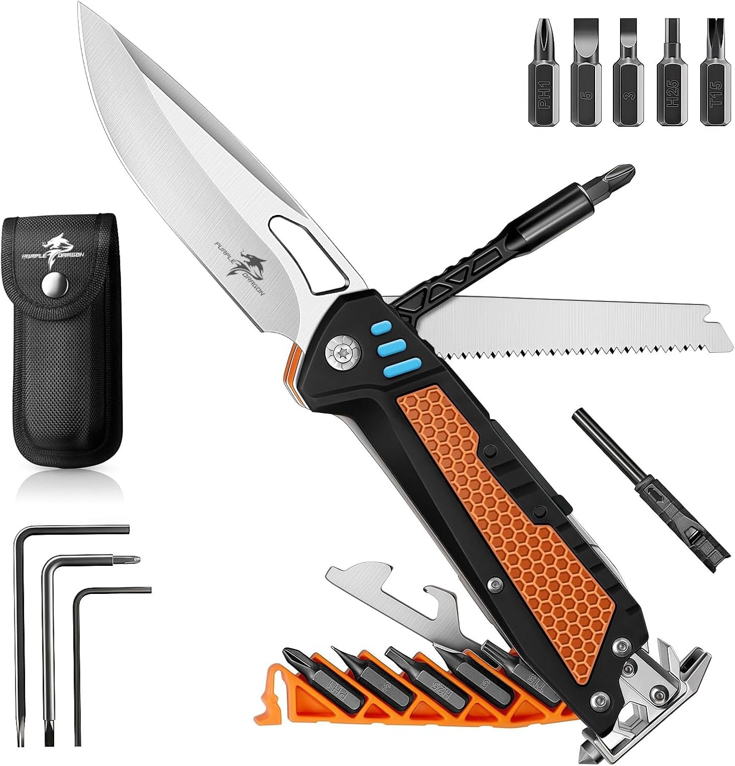 Multi Tool Folding Knife Purple Dragon 13-in-1 Survival Tool w/ hard sheath NEW