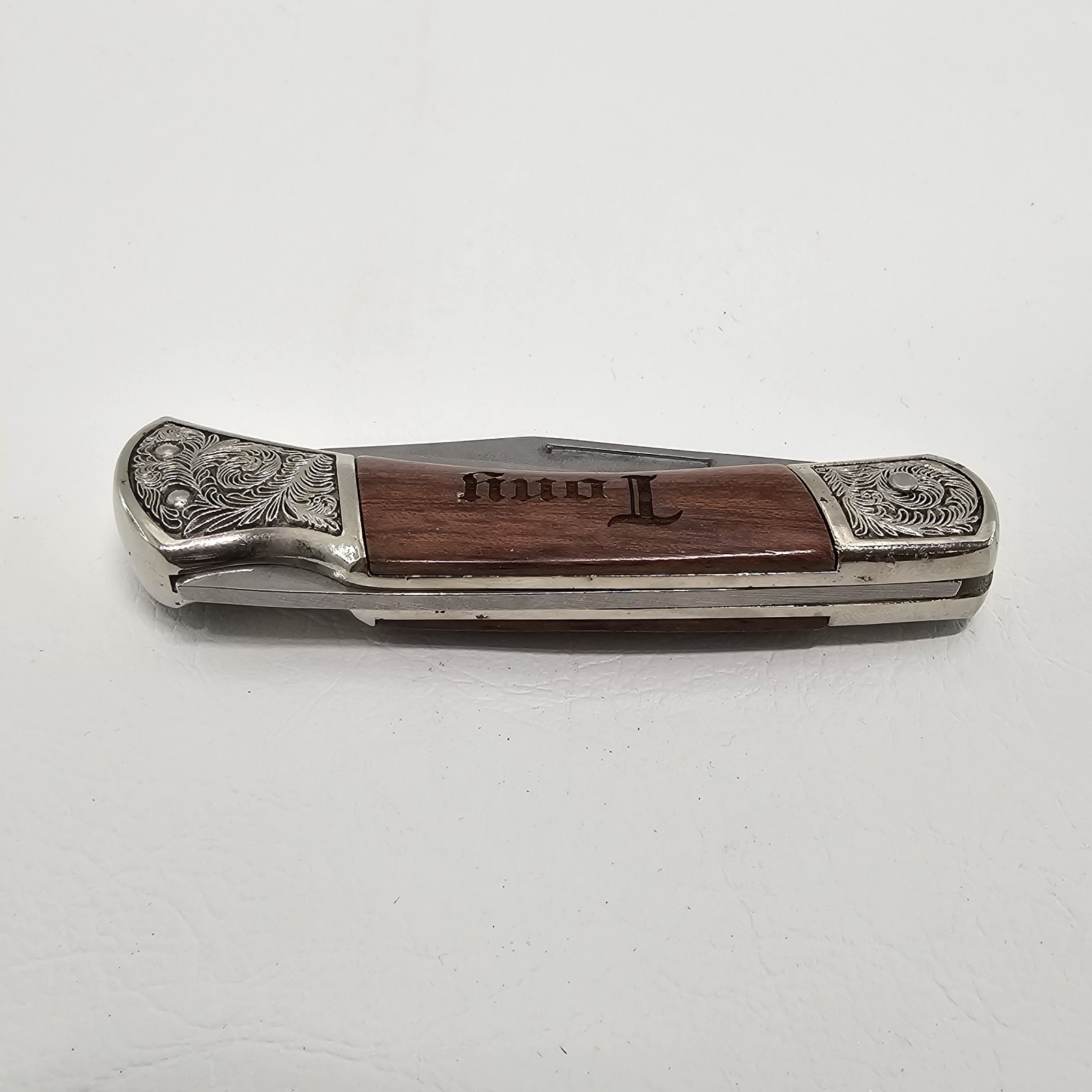 Vintage Folding Pocket Knife “Tony” Engraved Handle – Ornate Bolsters – 7″ Open