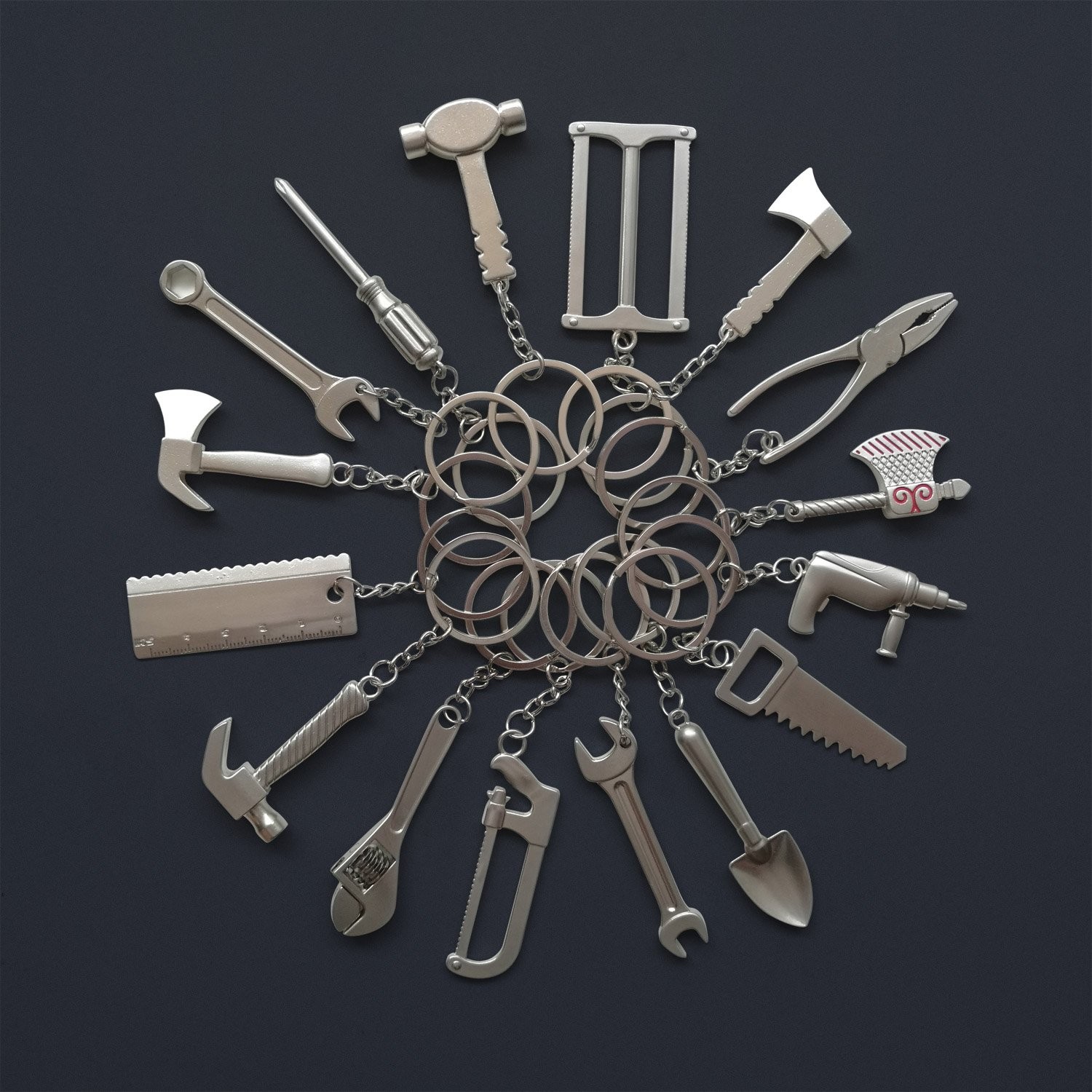 16-Piece Pretend Play Set Mini Construction Multi Tools Metal Keychains, Asso…