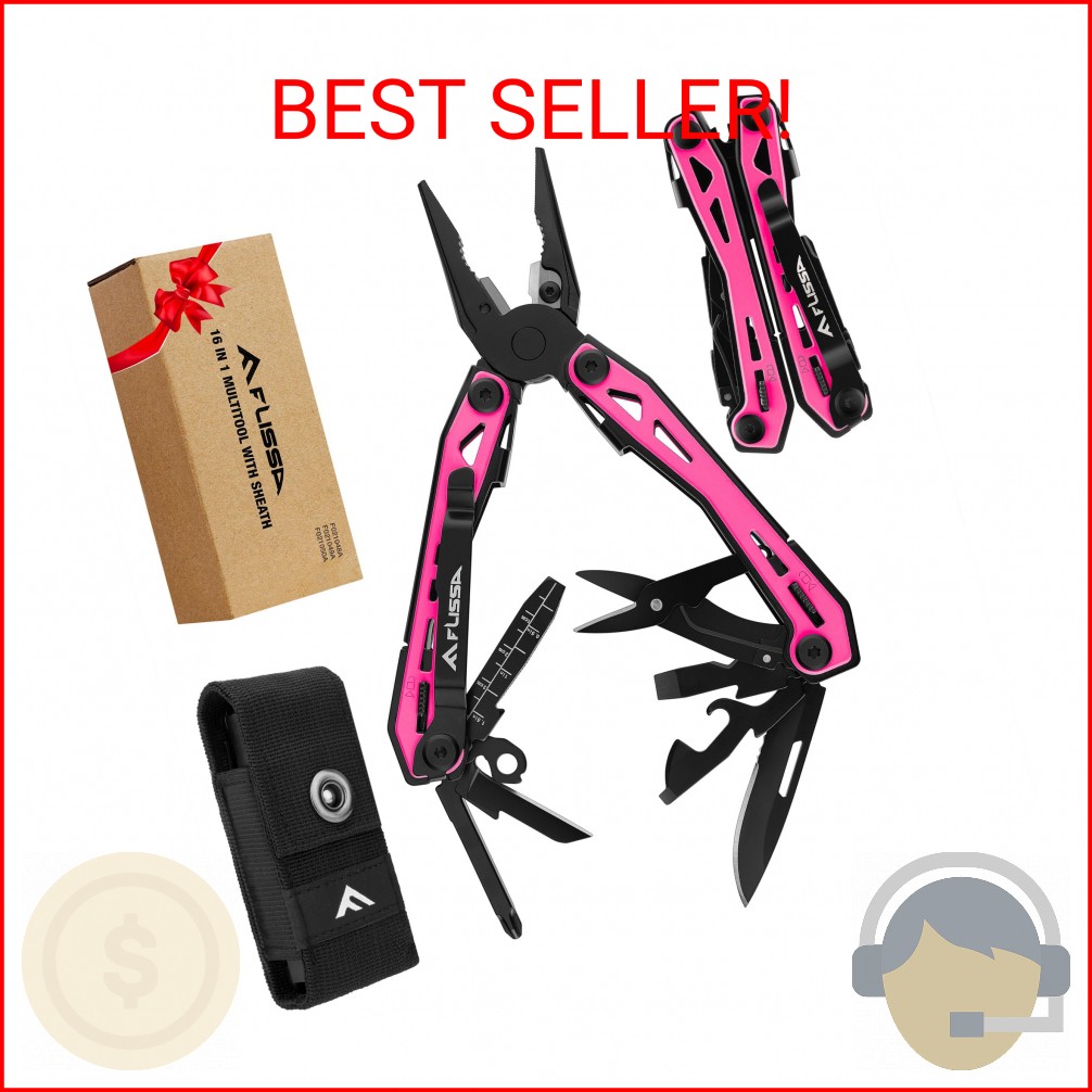 FLISSA 16-in-1 Pink Multi Tool Pliers, Gifts for Men Women, Stainless Steel EDC