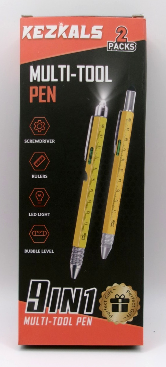 KEZKALS, 9 in 1 Multi-Tool Pen Set Screwdriver, Ruler, LED Light, Level – Yellow