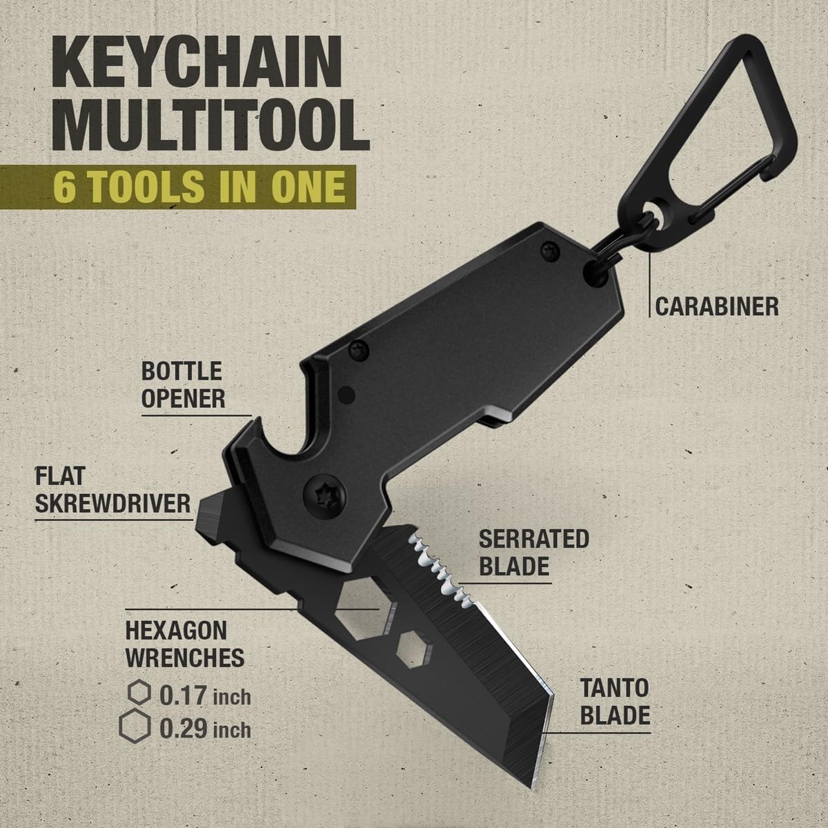 Mini Keychain Knife with Carabiner – 1.3″ Tanto Serrated Blade – 6 in 1 Black