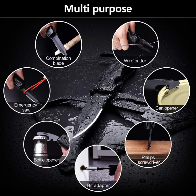 18-in-1 Multi Tool Knife Outdoor Survival Compact Folding Pocket Pliers w/ Bits