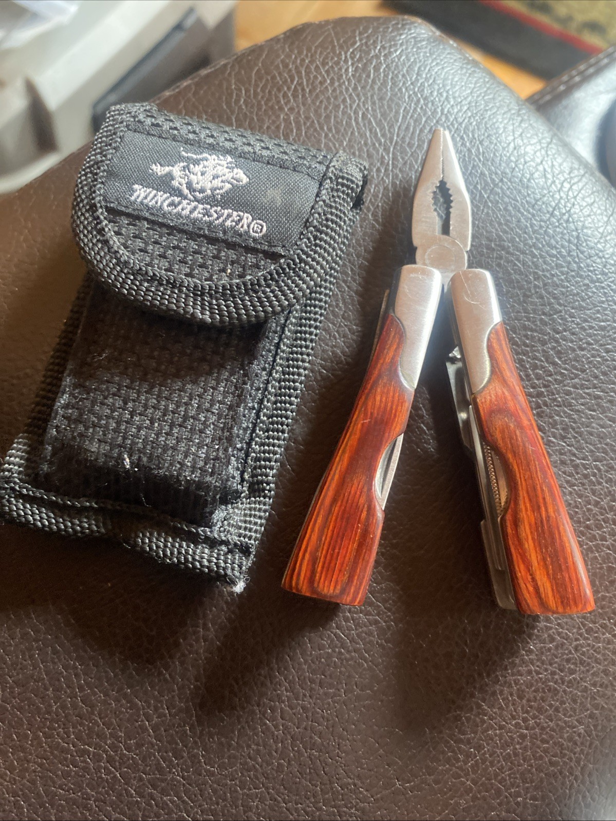 Winchester Multi-Tool Folding Knife Wood Grain Grips Nylon Sheath