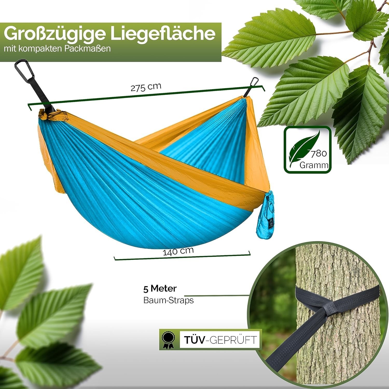 Robust hammock camping set – Comfortable outdoor hammock with tree straps