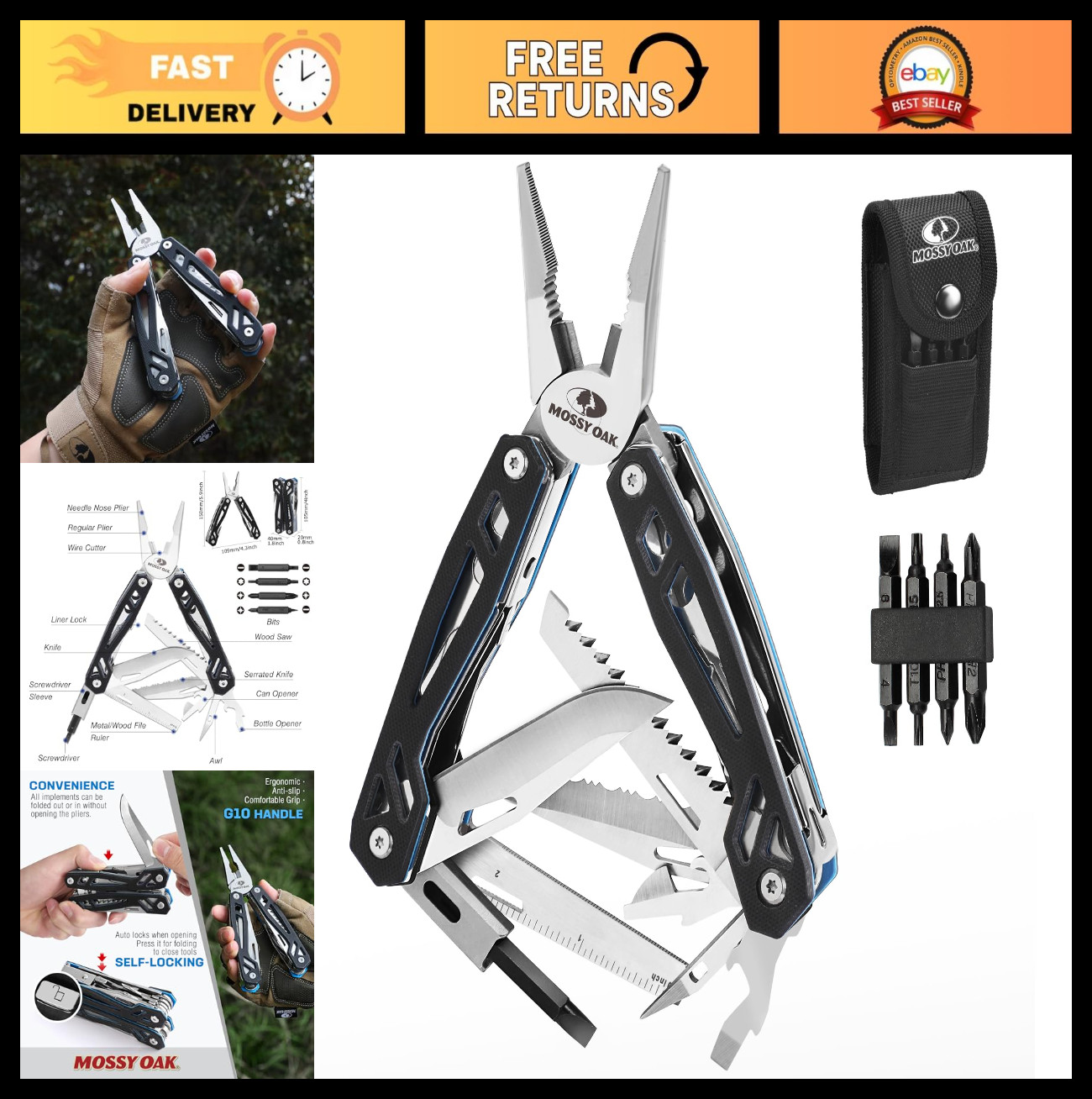 21-in-1 Stainless Steel Multitool Pocket Knife, G10 Handle, Pliers & Sheath – Ou