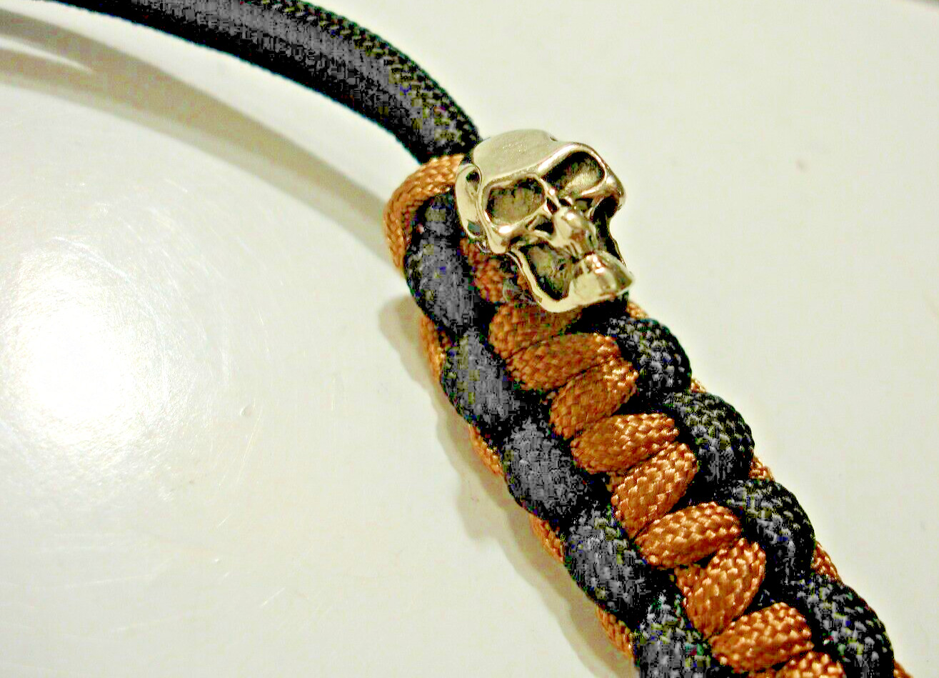 BLACK & GOLD 550 PARACORD HANDMADE KNIFE LANYARD + METAL SKULL BEAD MADE IN USA