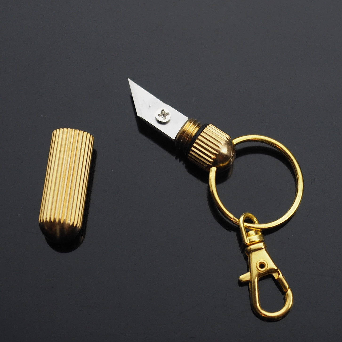 Mini Zipper Pull Brass Capsule Box Cutter Knife Pocket Keychain Key Ring Clip