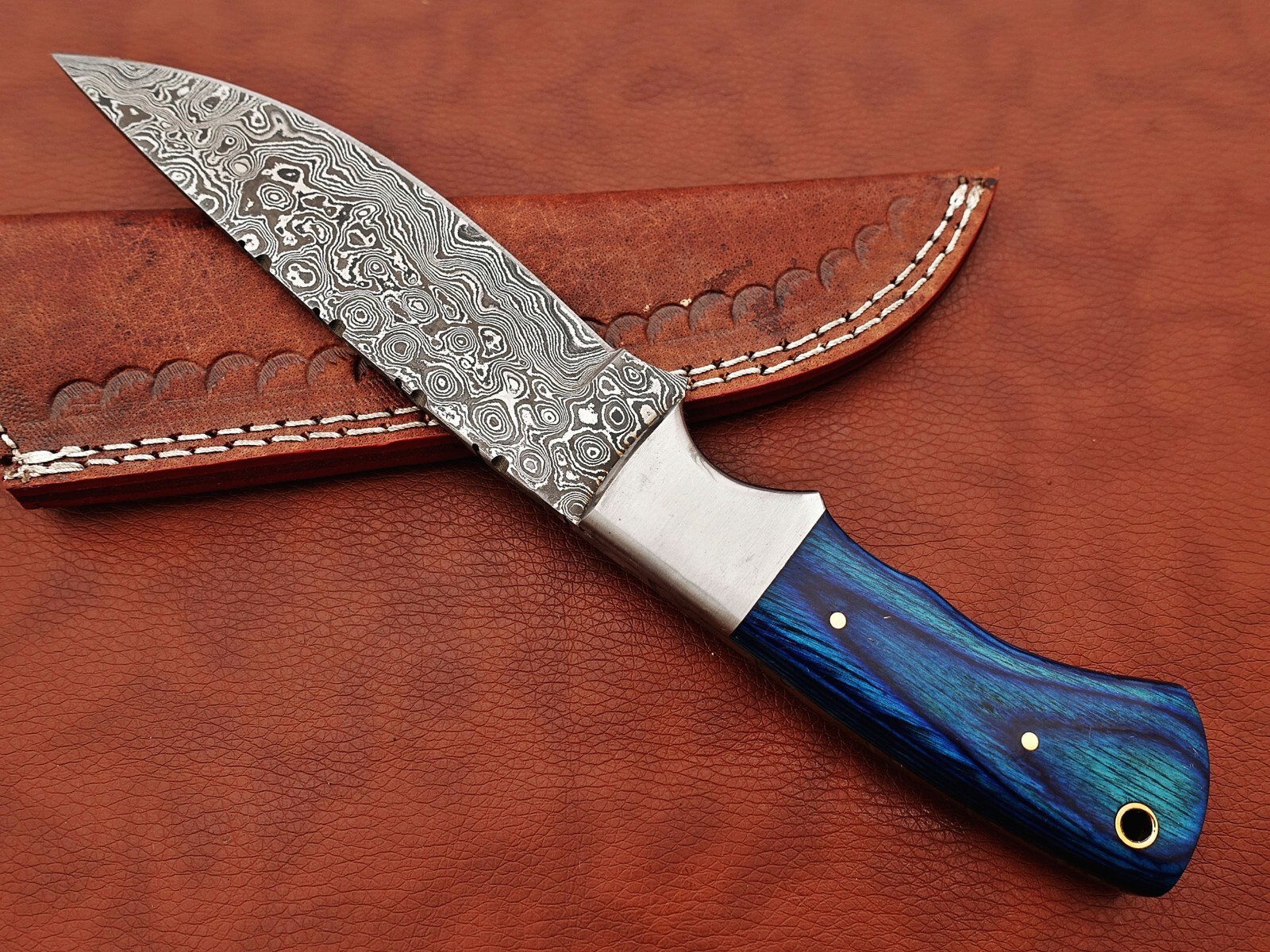 9.5″ Rain drop Damascus steel Blue wood scale Skinning knife W/ Leather sheath