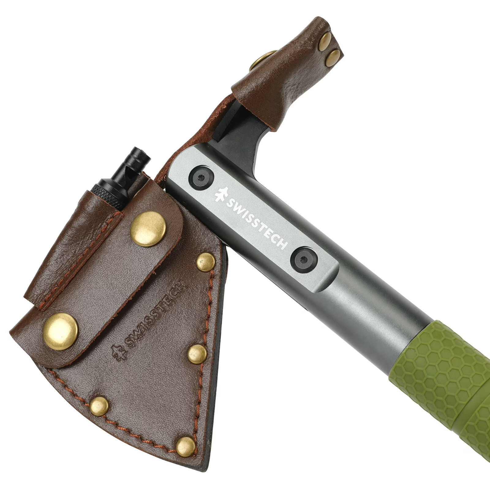 Swiss Tech Multi-Tool Hatchet with Pocket Knife, No-Slip Silicone Grip, Green