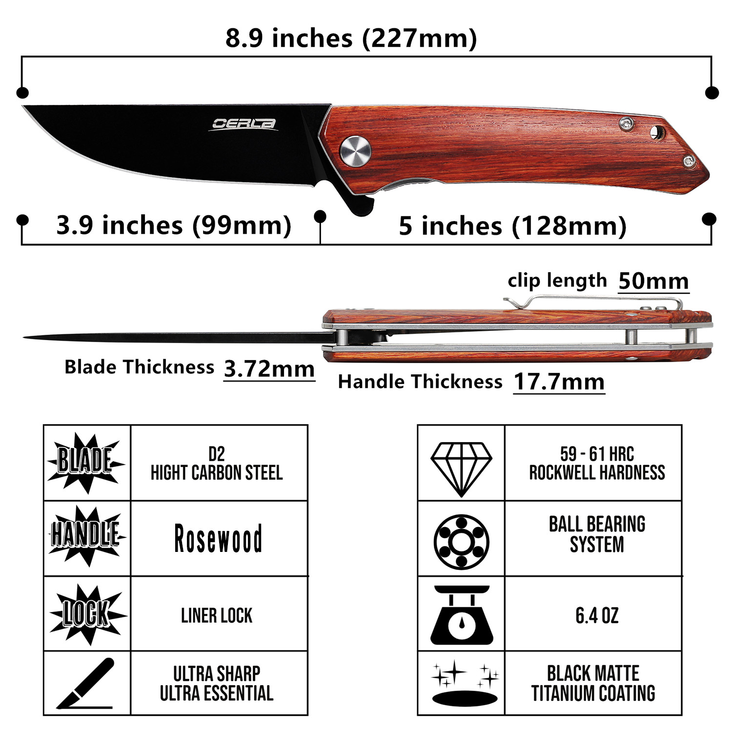 Oerla OLHW-D51 medium Pocket Folding Knife D2 High Carbon Steel Flipper Knives