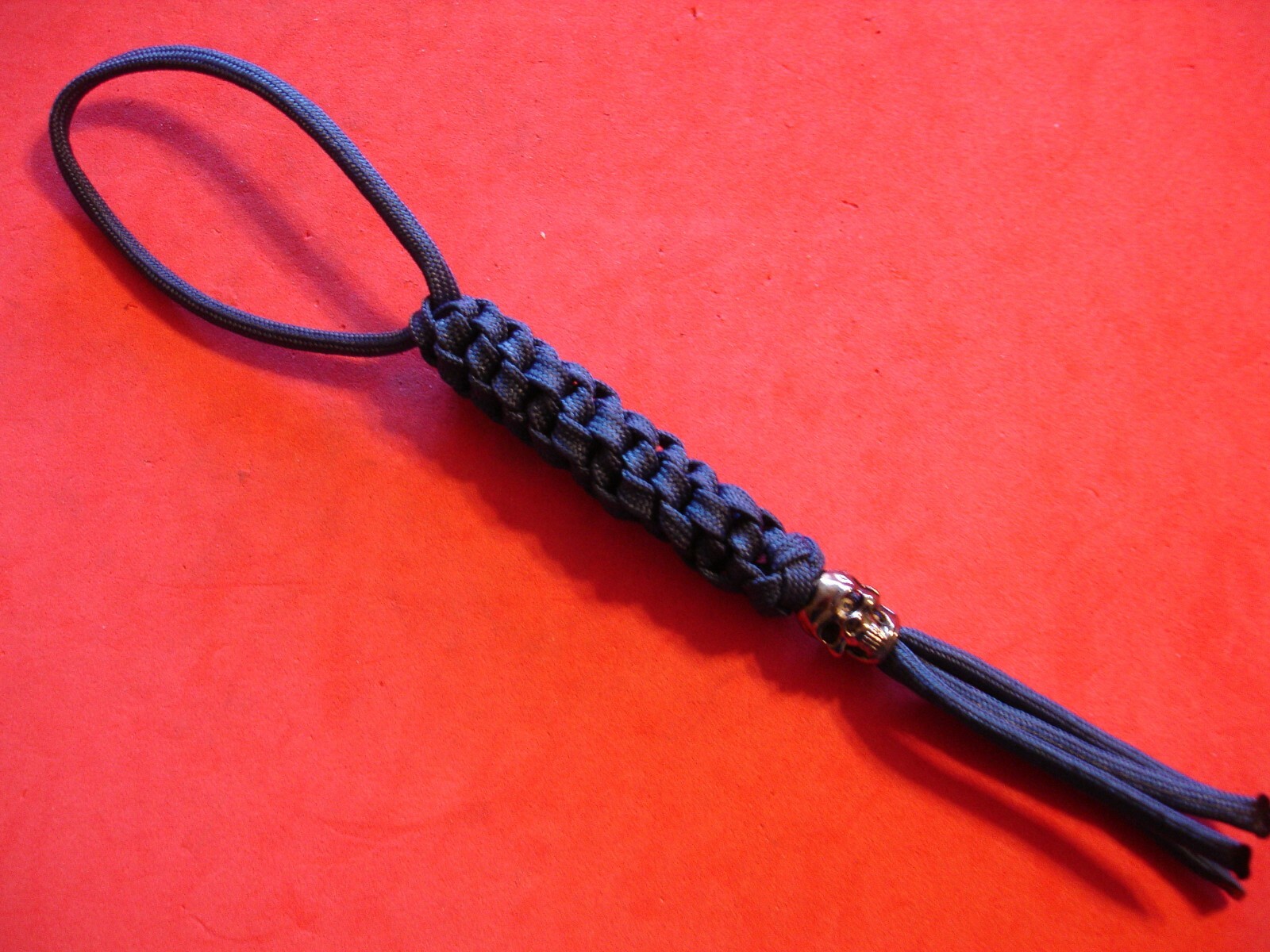 HANDMADE NAVY BLUE 550 PARACORD KNIFE LANYARD SILVER METAL SKULL BEAD USA MADE